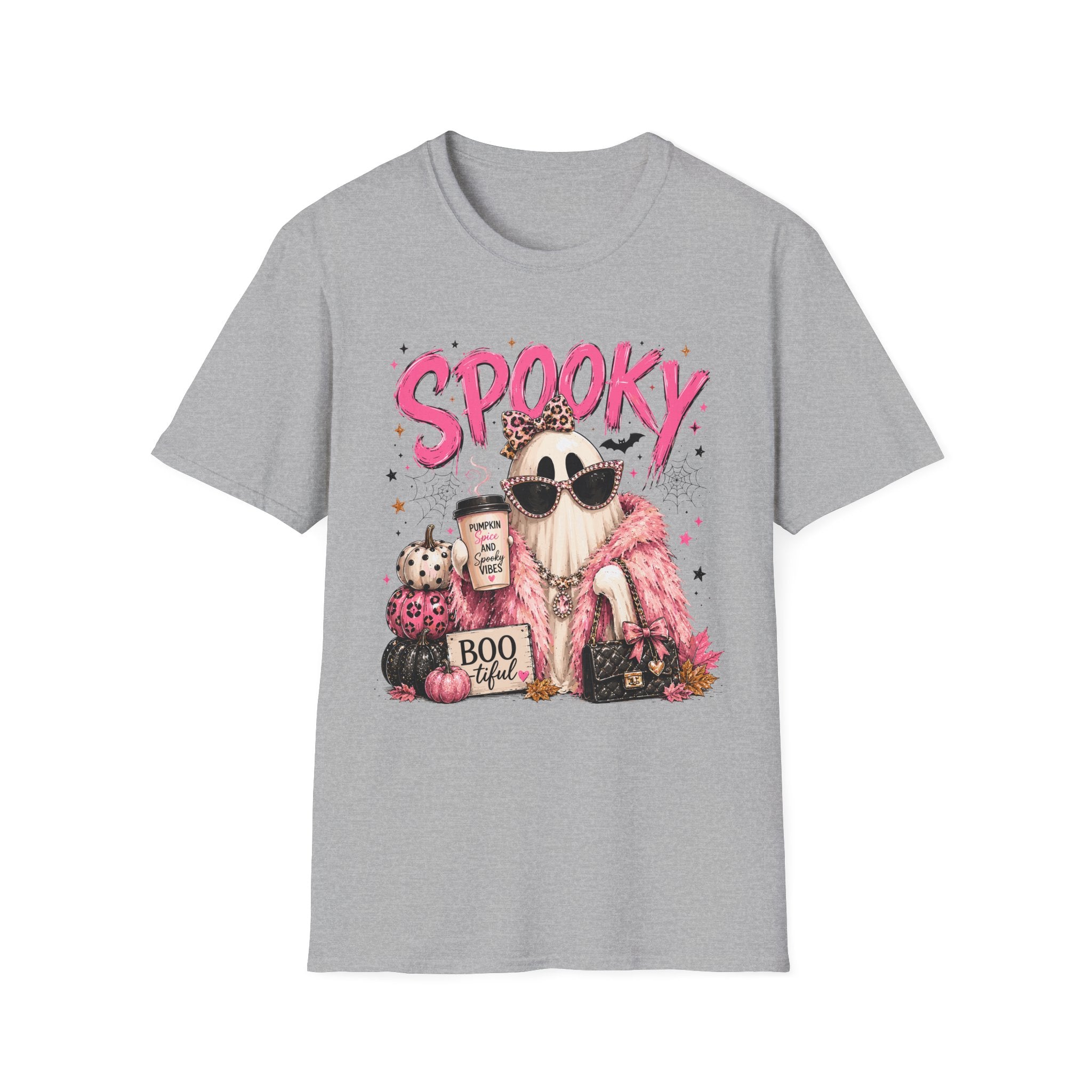 Spooky Glam T-Shirt — Cute Pink Ghost with Sunglasses & Pumpkin Latte
