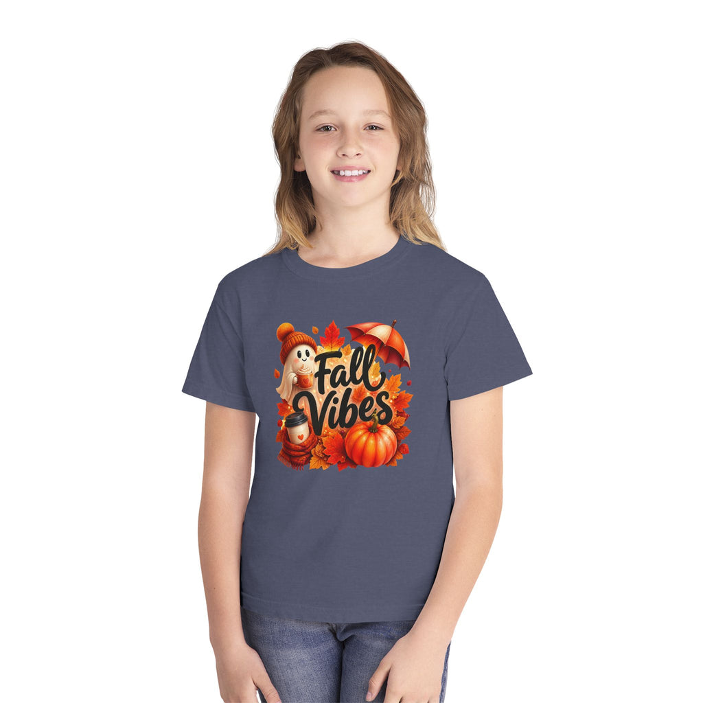 Fall Vibes Youth Tee — Cute Pumpkin, Leaves & Scarecrow Autumn Shirt