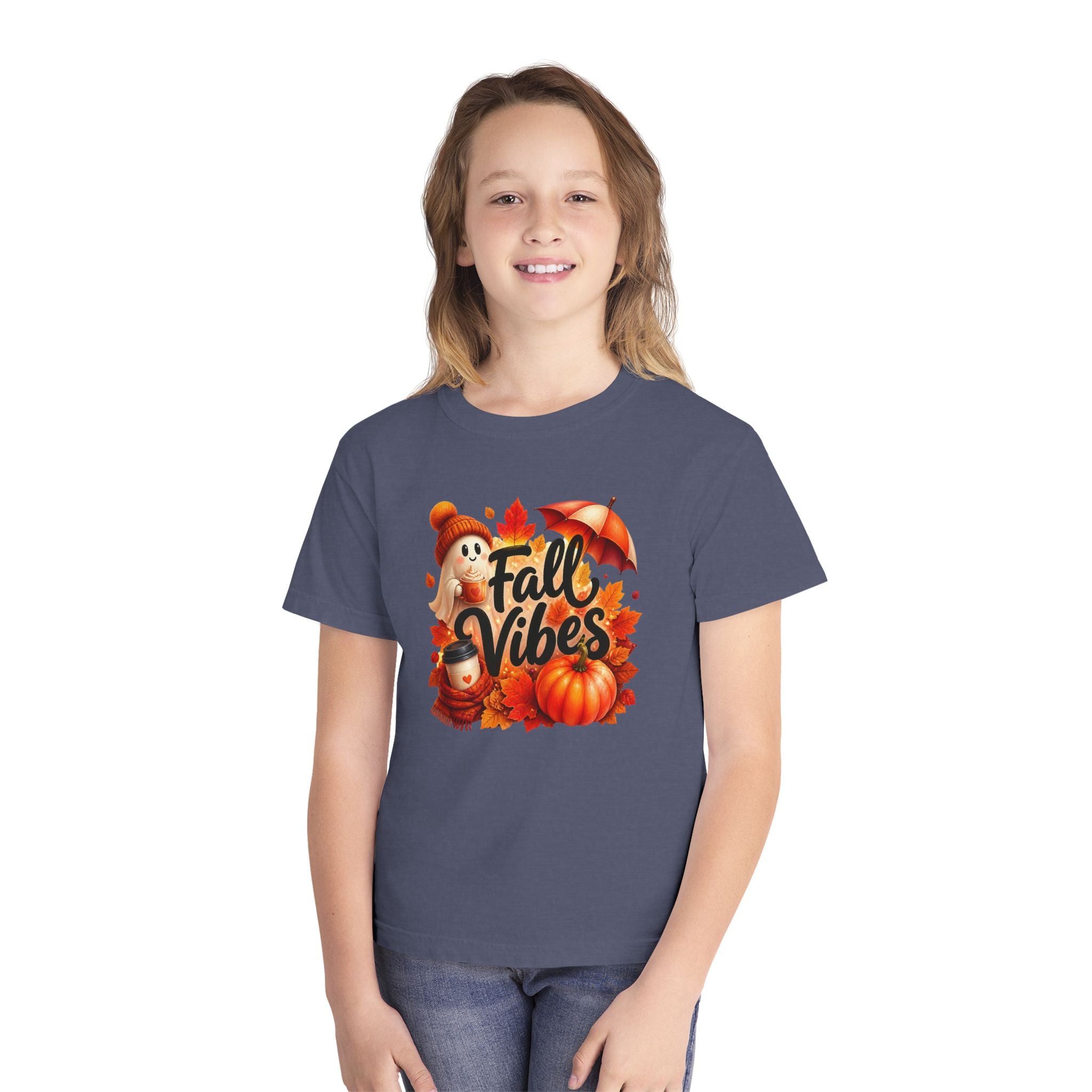 Fall Vibes Youth Tee — Cute Pumpkin, Leaves & Scarecrow Autumn Shirt