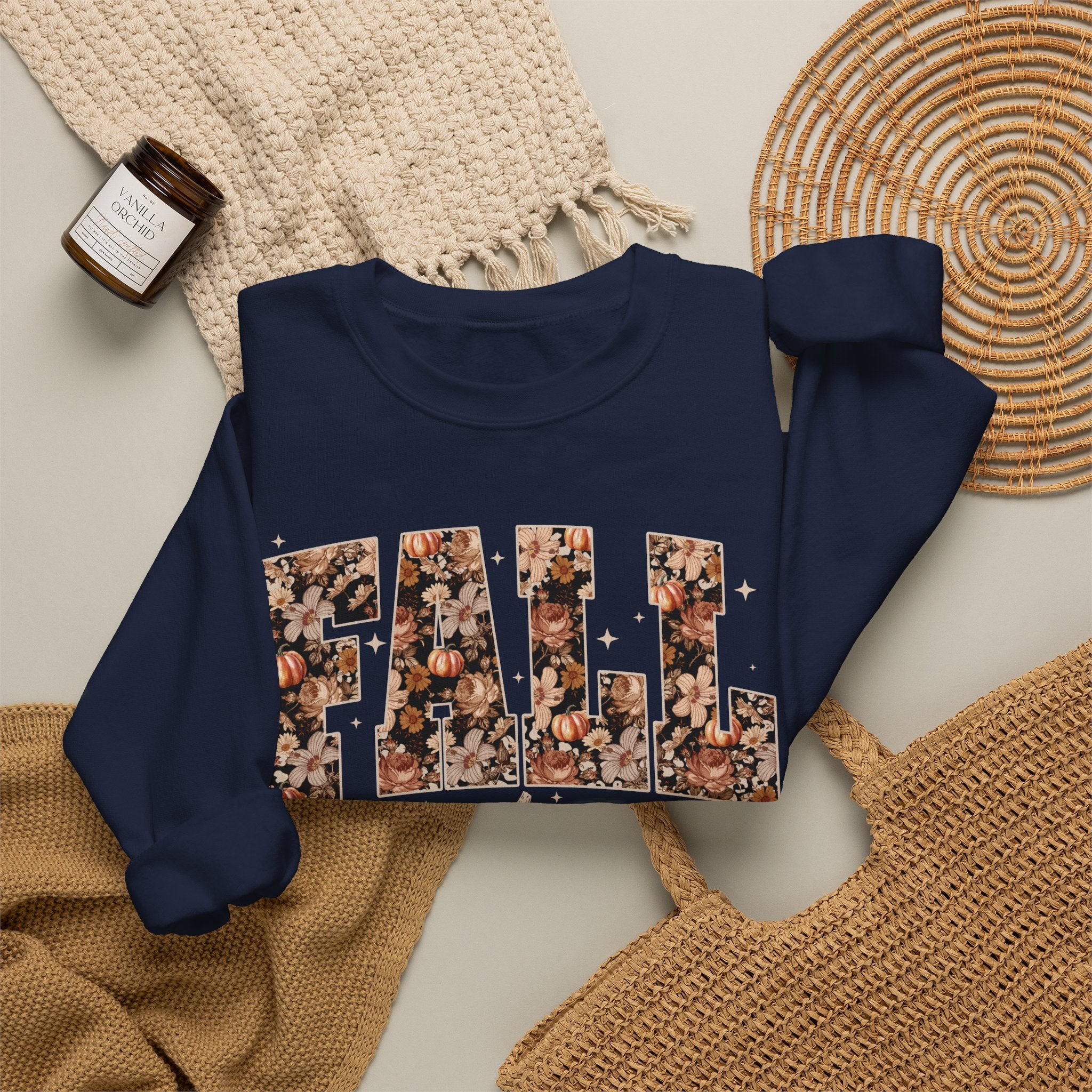 Fall Vibes Crewneck Sweatshirt — Floral Lettering Autumn Pullover