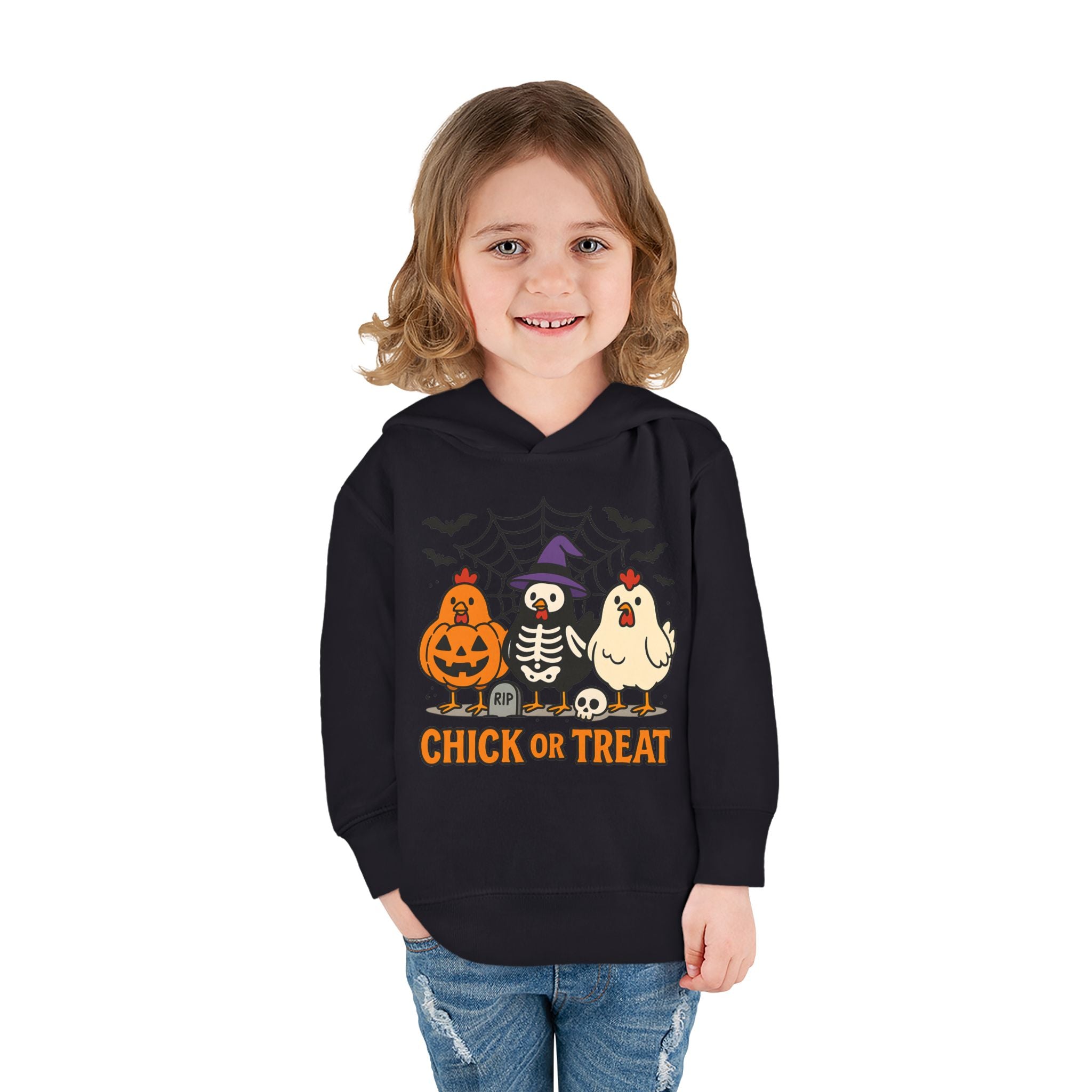 Toddler Halloween Pullover Hoodie – "Chick or Treat" Pumpkin Skeleton Chicken Kids Fleece
