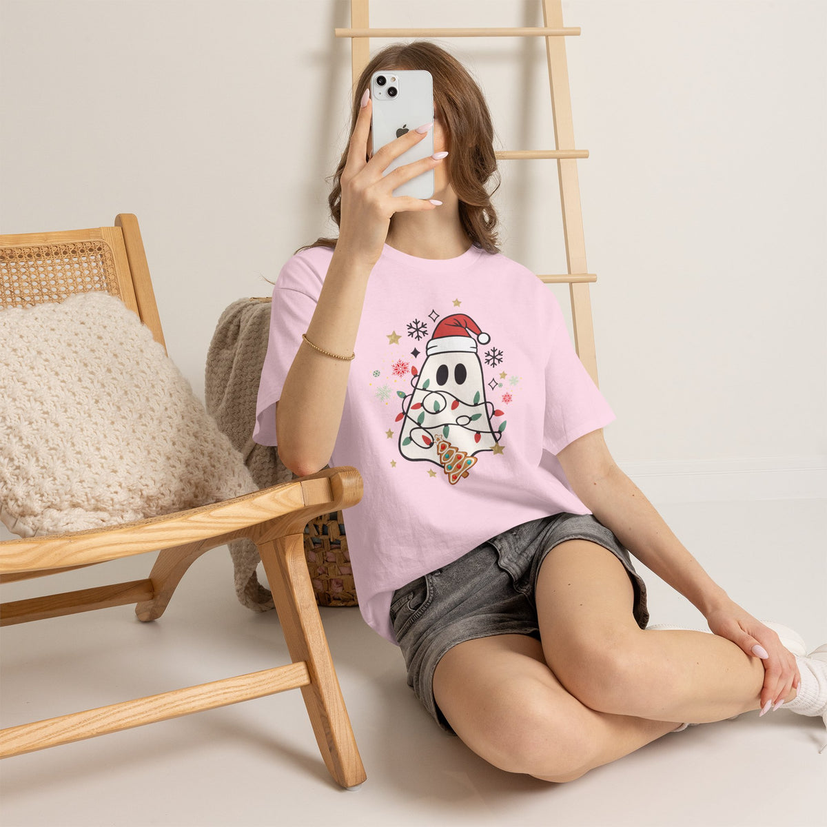Christmas Ghost T-Shirt — Cute Haunted Holiday Tee with Santa Hat & Lights