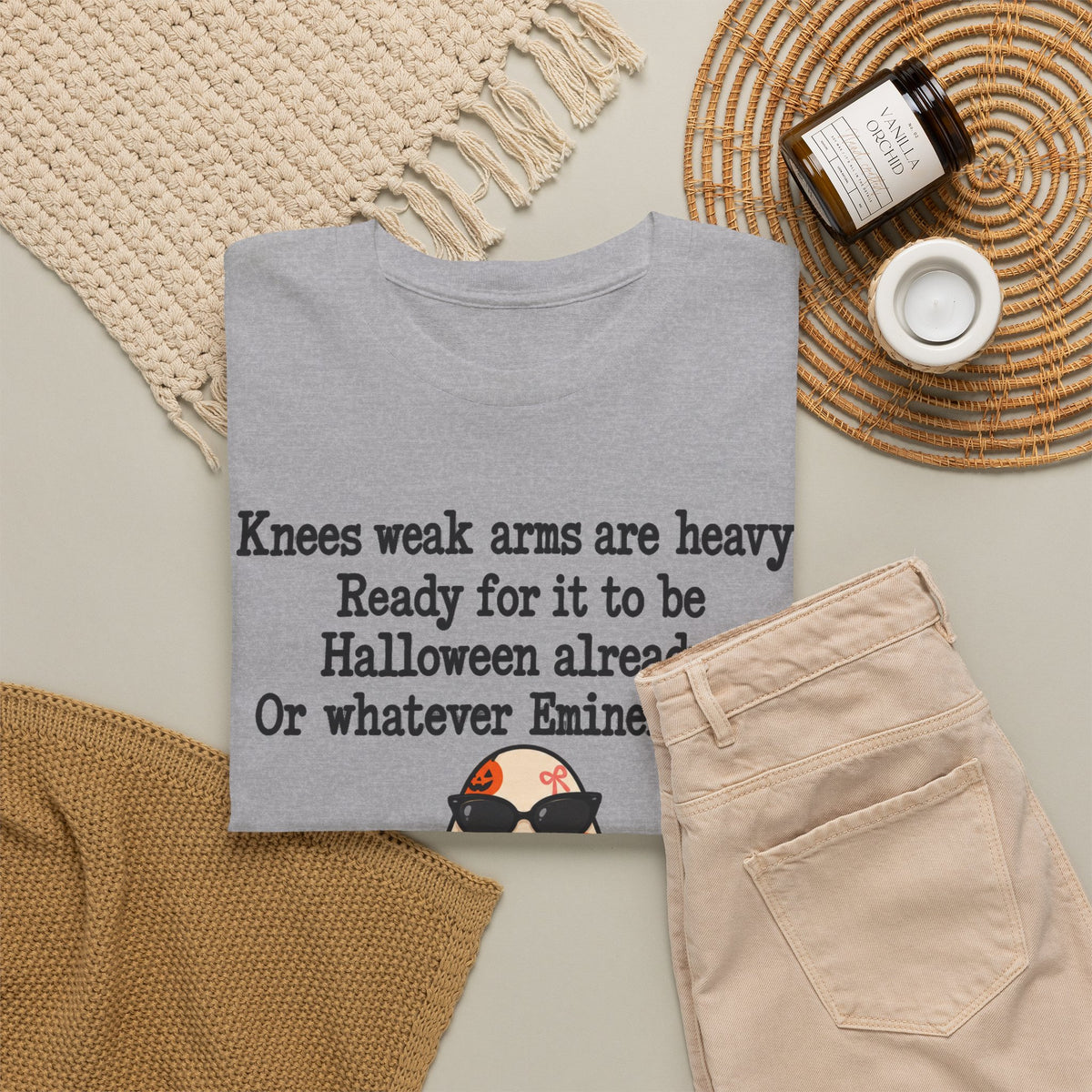 Funny Halloween Ghost T-Shirt — "Knees weak arms are heavy. Ready for it to be Halloween already. Or whatever Slim said."