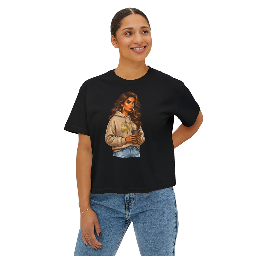 Women's Boxy Tee — Cozy Coffee Girl Graphic Crop T-Shirt