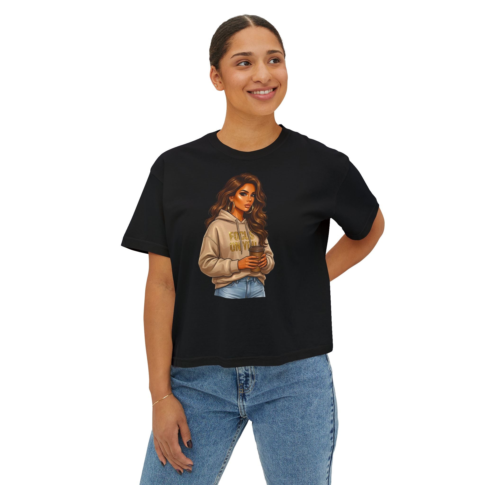 Women's Boxy Tee — Cozy Coffee Girl Graphic Crop T-Shirt