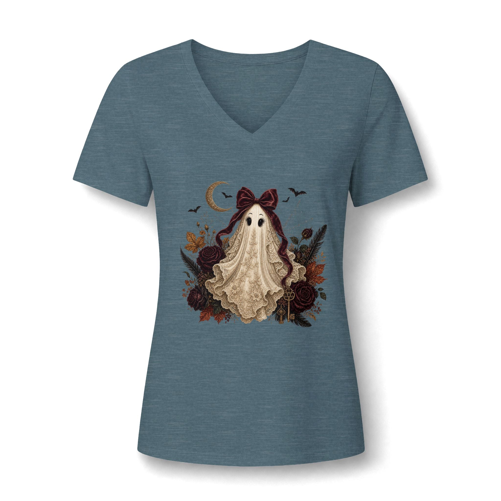 Ghost Girl V-Neck Tee — Cute Vintage Halloween Ghost Design