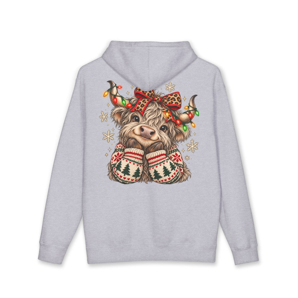 Christmas Cow Hoodie – Cute Highland Cow with Festive Lights & 'Merry Dolly Christmas' Design