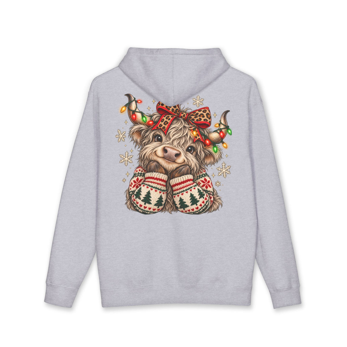 Christmas Cow Hoodie – Cute Highland Cow with Festive Lights & 'Merry Dolly Christmas' Design