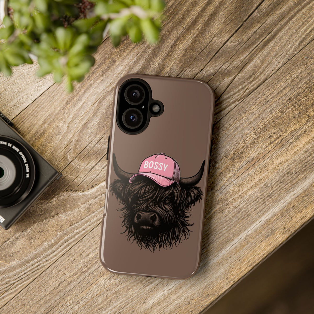 Phone Case — Highland Cow Wearing 'BOSSY' Pink Hat, Cute Farm Animal Protective Cover