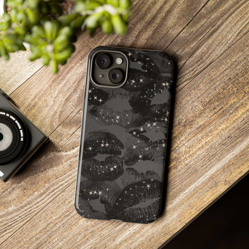 Black Glitter Kiss Phone Case — Sparkling Lip Print Protective Cover