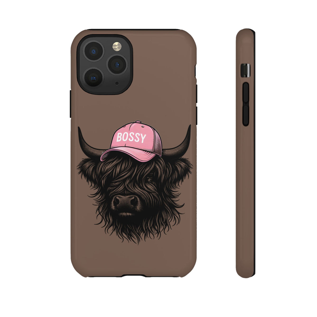 Phone Case — Highland Cow Wearing 'BOSSY' Pink Hat, Cute Farm Animal Protective Cover