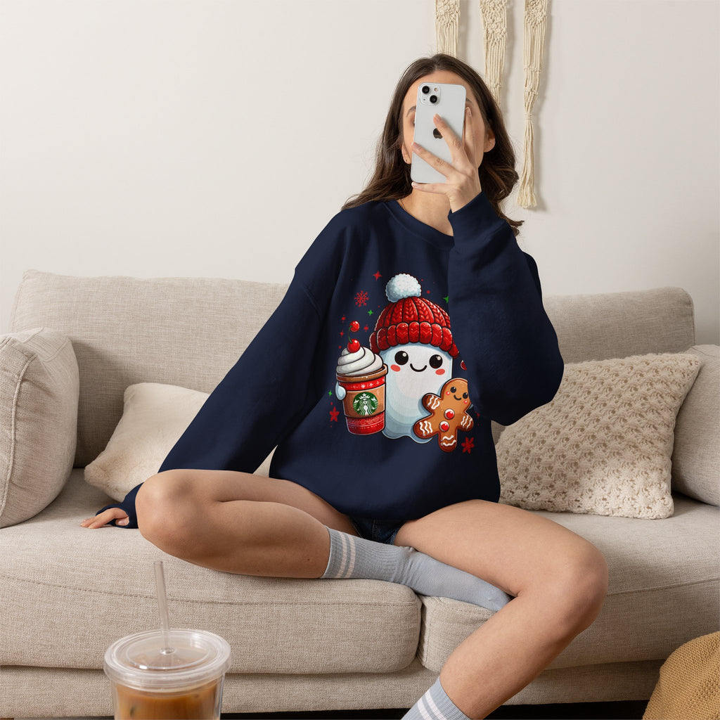 Holiday Marshmallow Character Sweatshirt — Cute Snowman with Gingerbread & Hot Cocoa