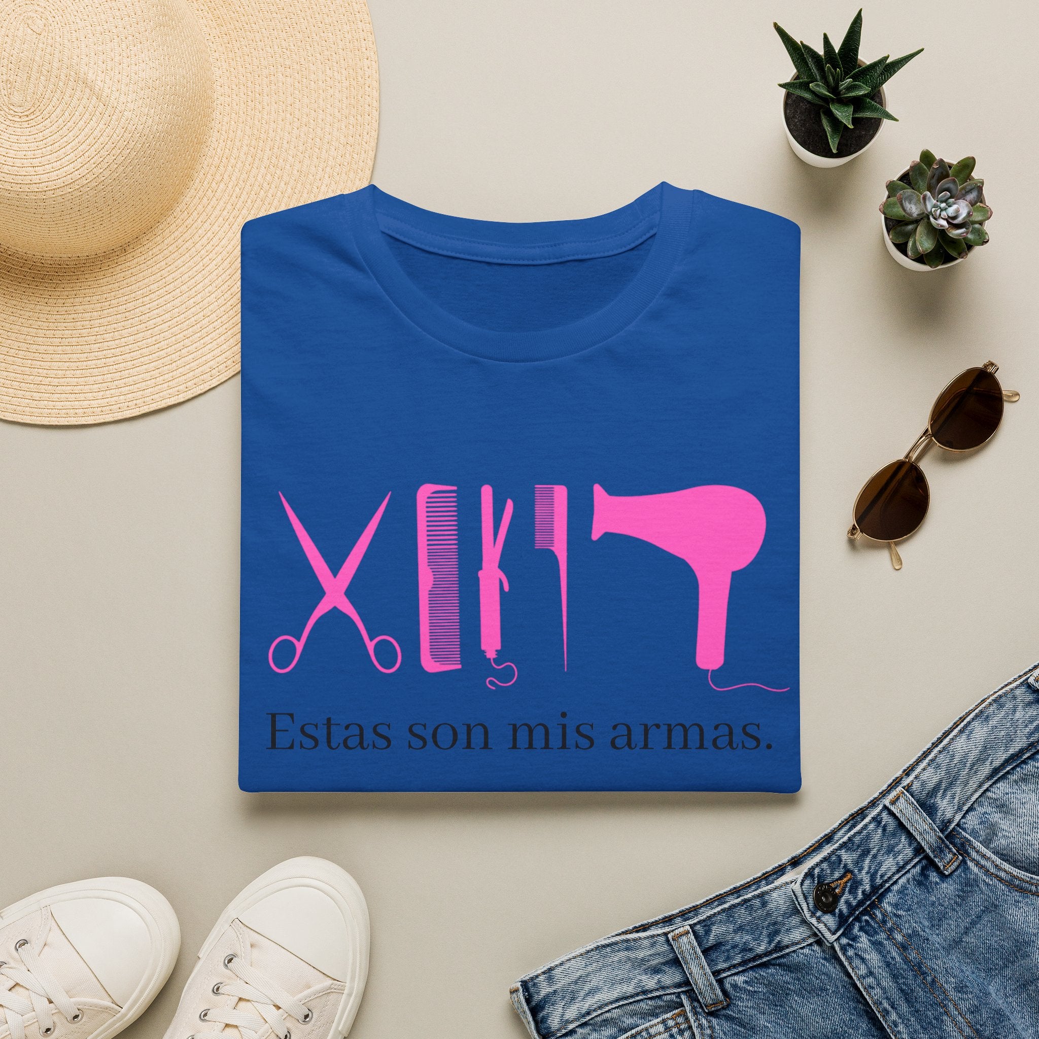 Hair Stylist Tools T-Shirt — "Estas son mis armas" Pink Salon Graphic
