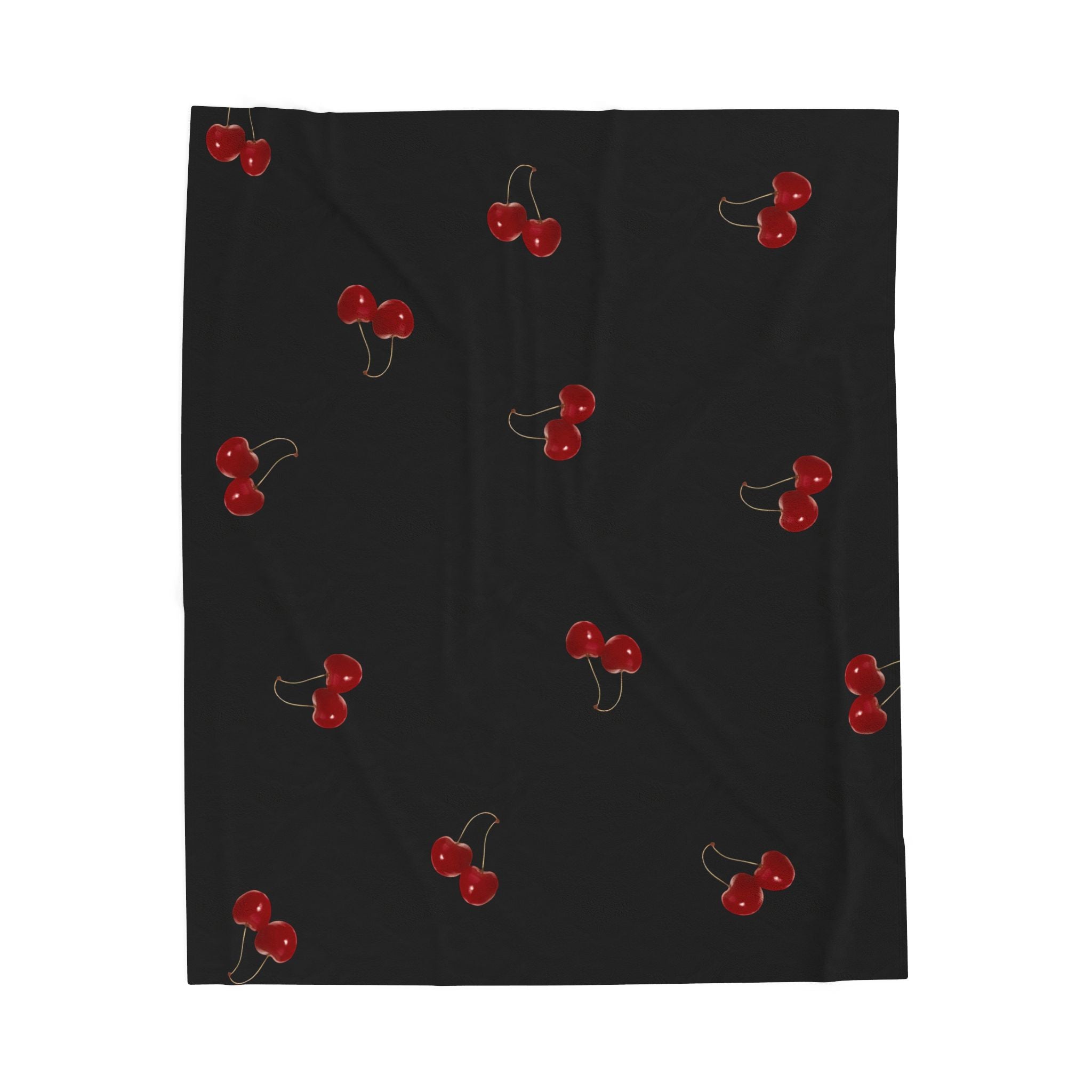 Red Cherry Pattern Velveteen Plush Blanket | Black Background, Cute Fruit Print