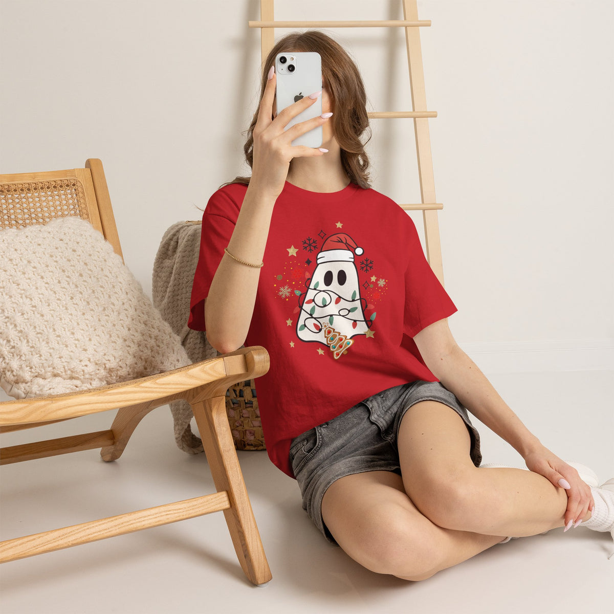 Christmas Ghost T-Shirt — Cute Haunted Holiday Tee with Santa Hat & Lights