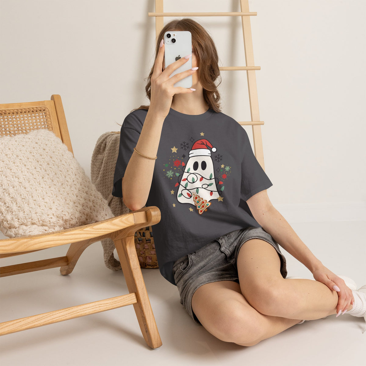 Christmas Ghost T-Shirt — Cute Haunted Holiday Tee with Santa Hat & Lights