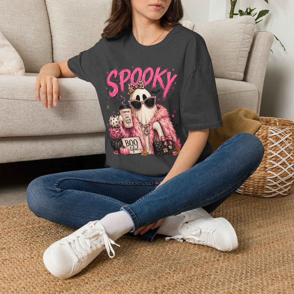 Spooky Glam T-Shirt — Cute Pink Ghost with Sunglasses & Pumpkin Latte