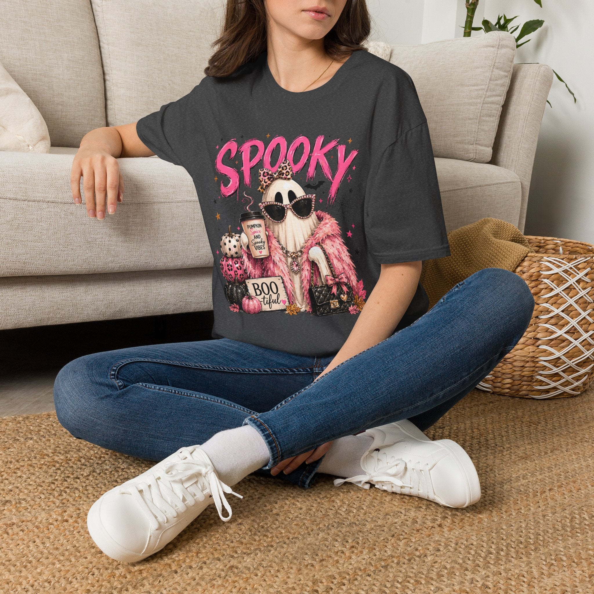 Spooky Glam T-Shirt — Cute Pink Ghost with Sunglasses & Pumpkin Latte