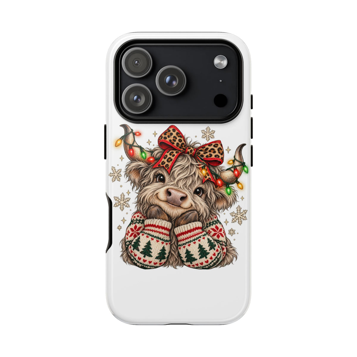 Holiday Highland Cow Phone Case – Festive Lights & Cozy Sweater Design