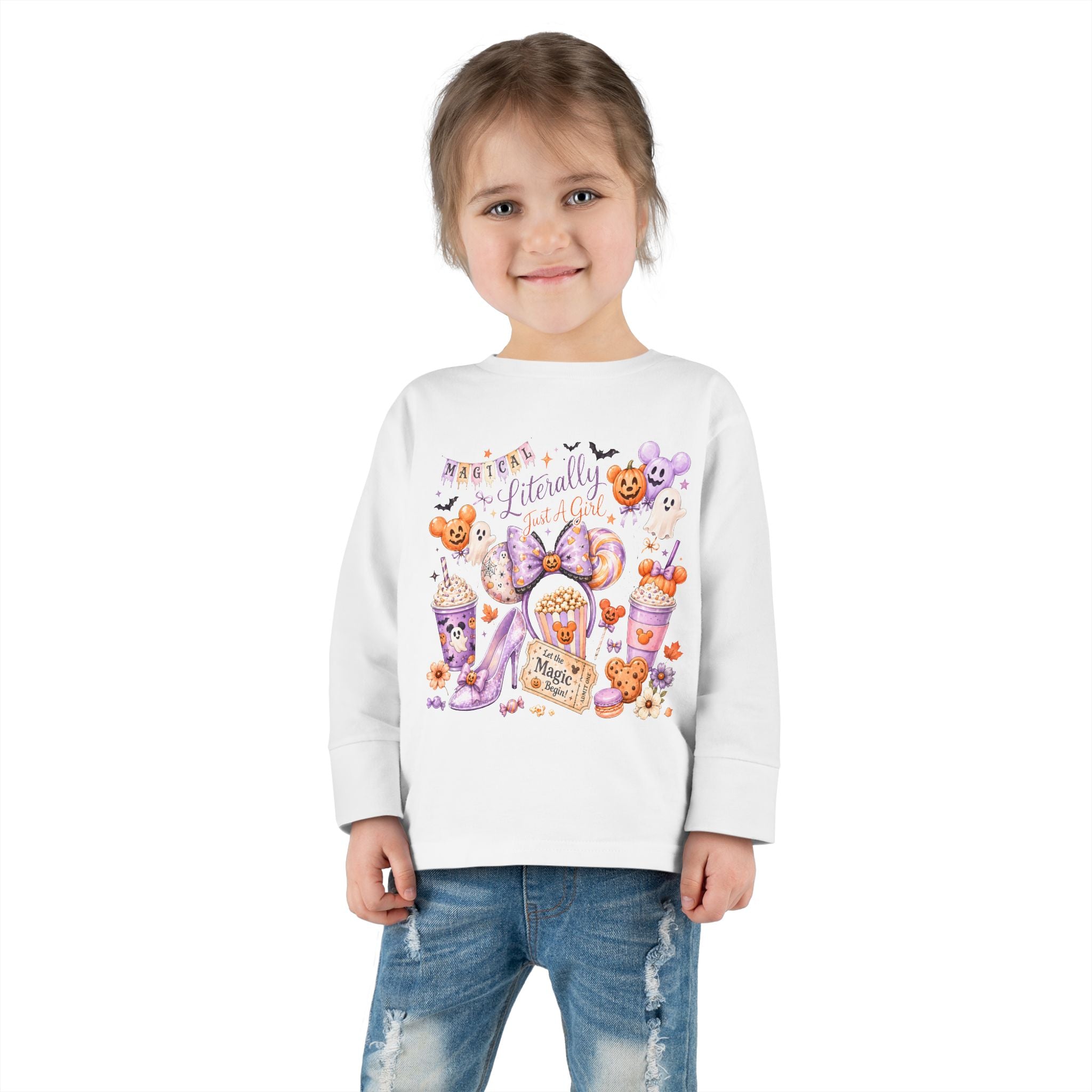Toddler Long Sleeve Tee — "Pumpkin Spice & Magic" Halloween Minnie Bow Graphic