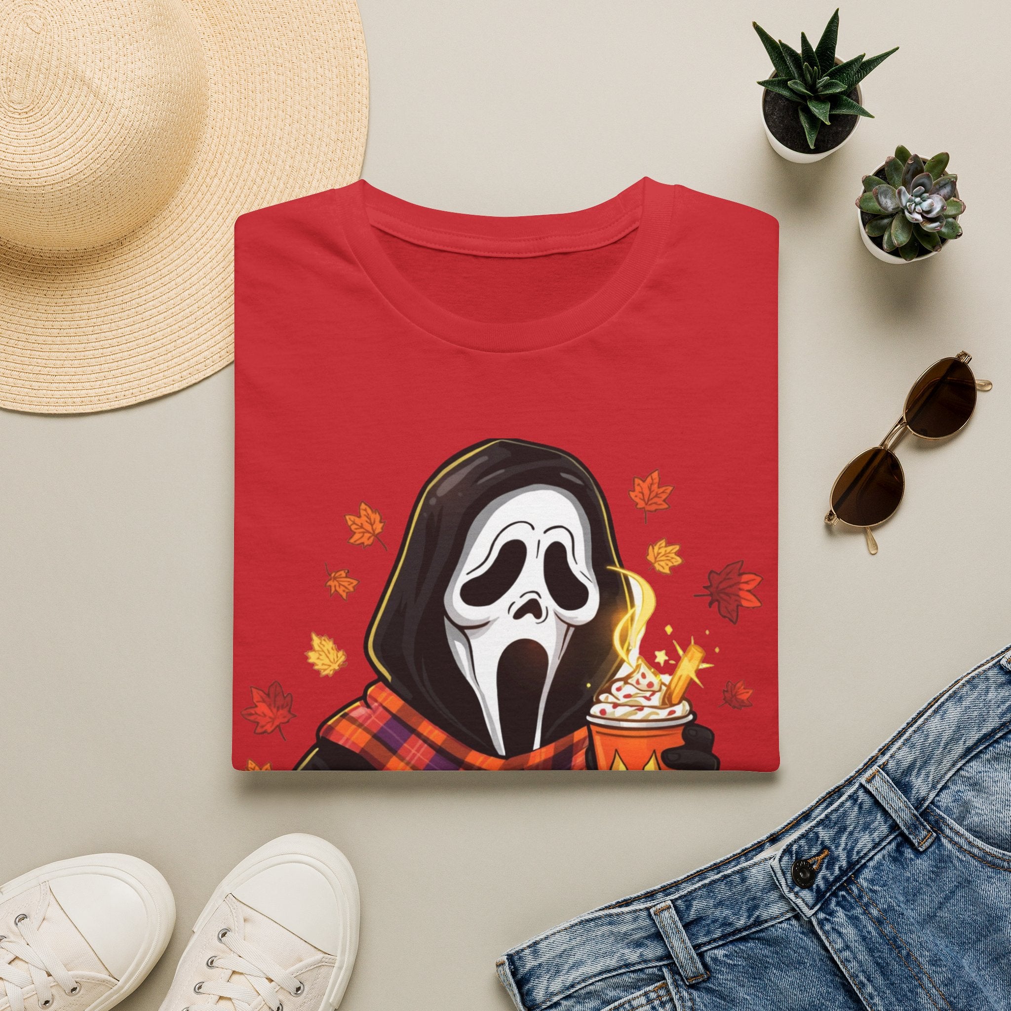 Halloween Scream Mask T‑Shirt — Cozy Fall Pumpkin & Hot Cocoa Graphic Tee