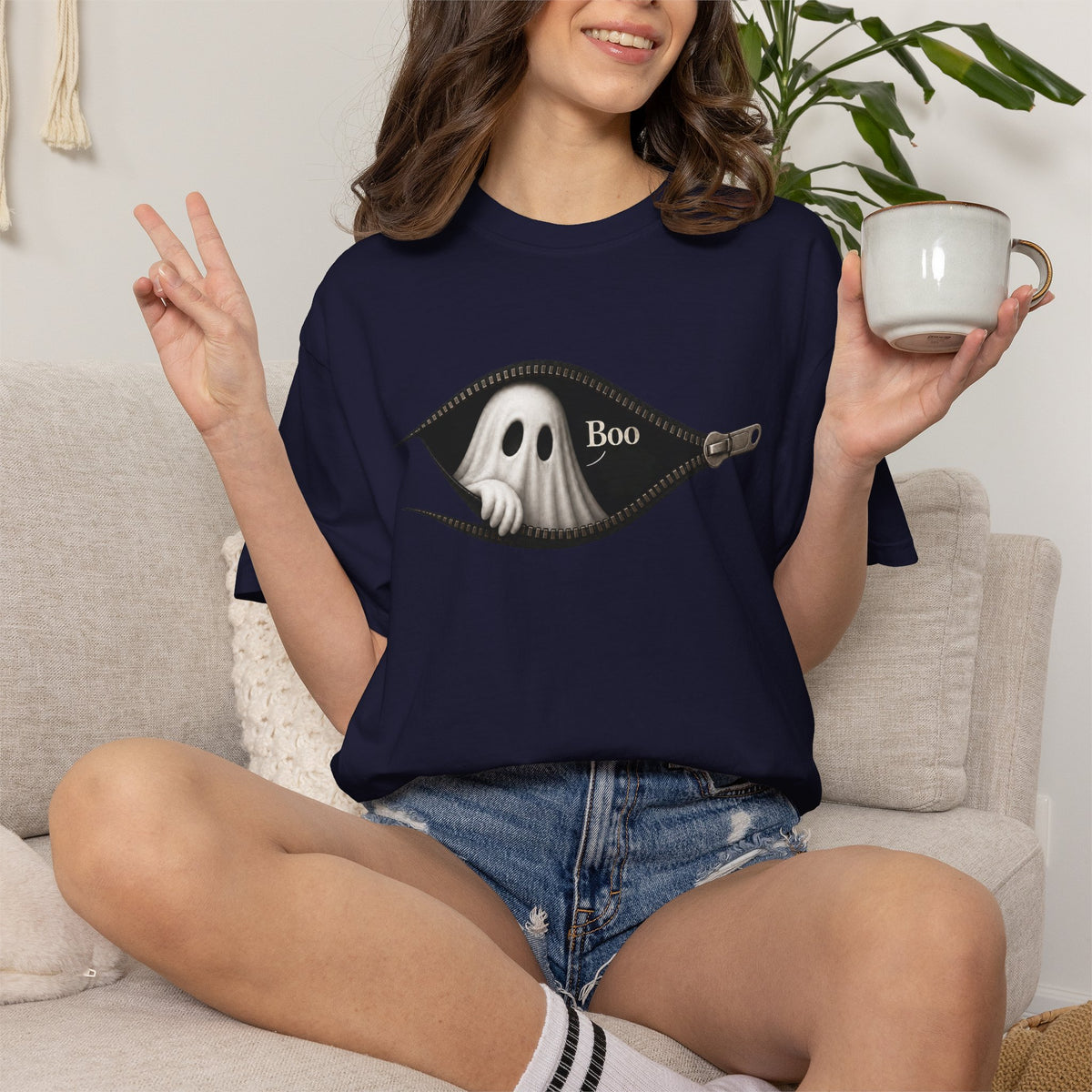 Ghost Peek T-Shirt — "Boo" Zipper Graphic Halloween Tee