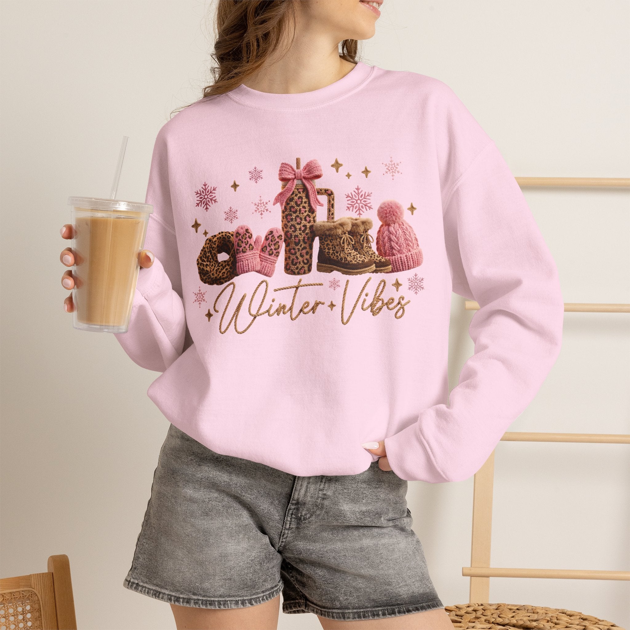 Crewneck Sweatshirt — 'Winter Vibes' Cozy Leopard Print Holiday Design