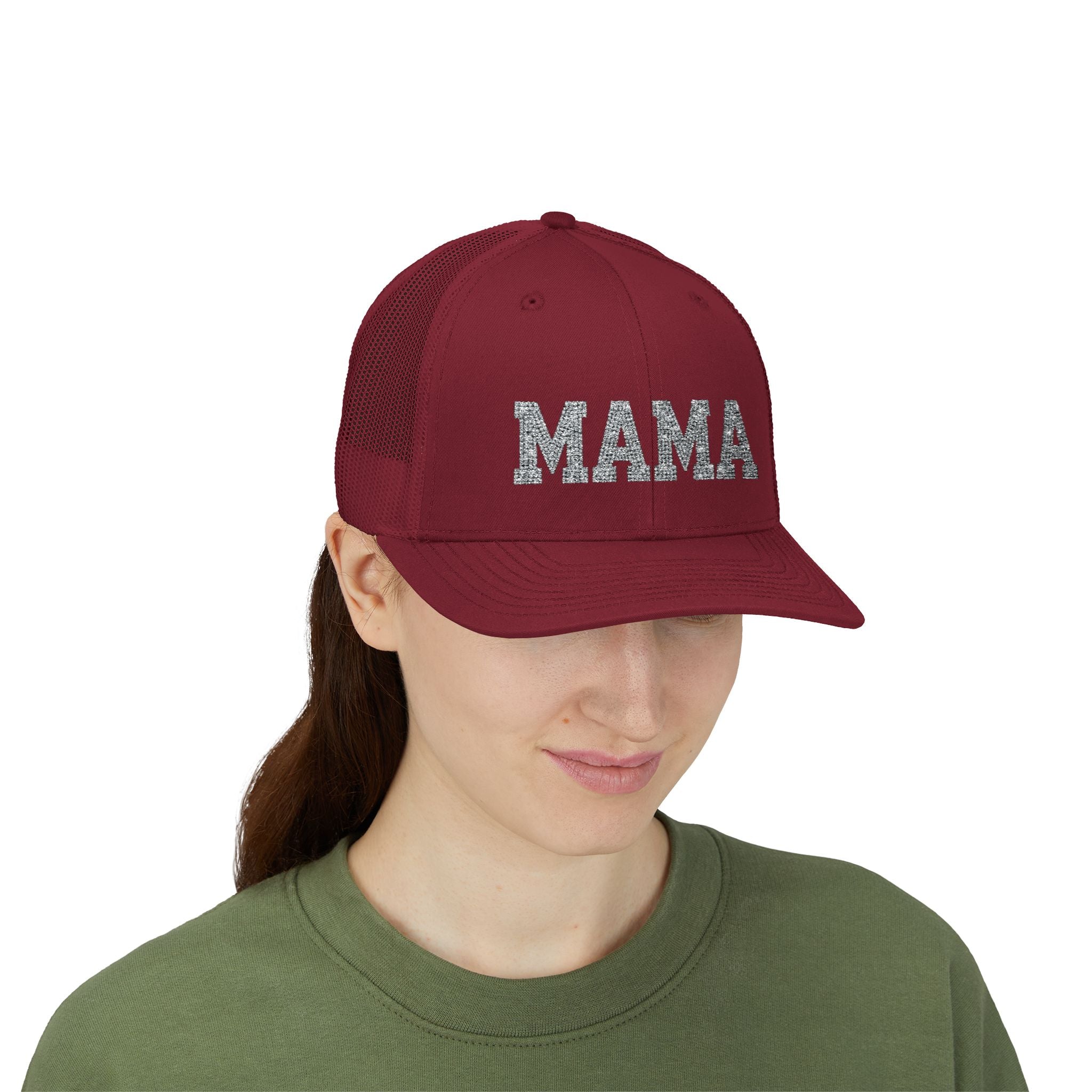 Mama Snapback Trucker Cap — Glitter Script "MAMA" Mesh Back Hat for Moms, Mother's Day Gift