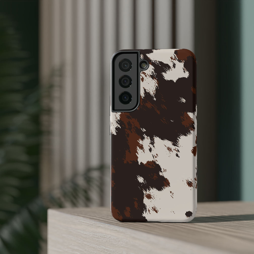 Cowhide Print Impact Phone Case — Brown & Cream Protective Cover