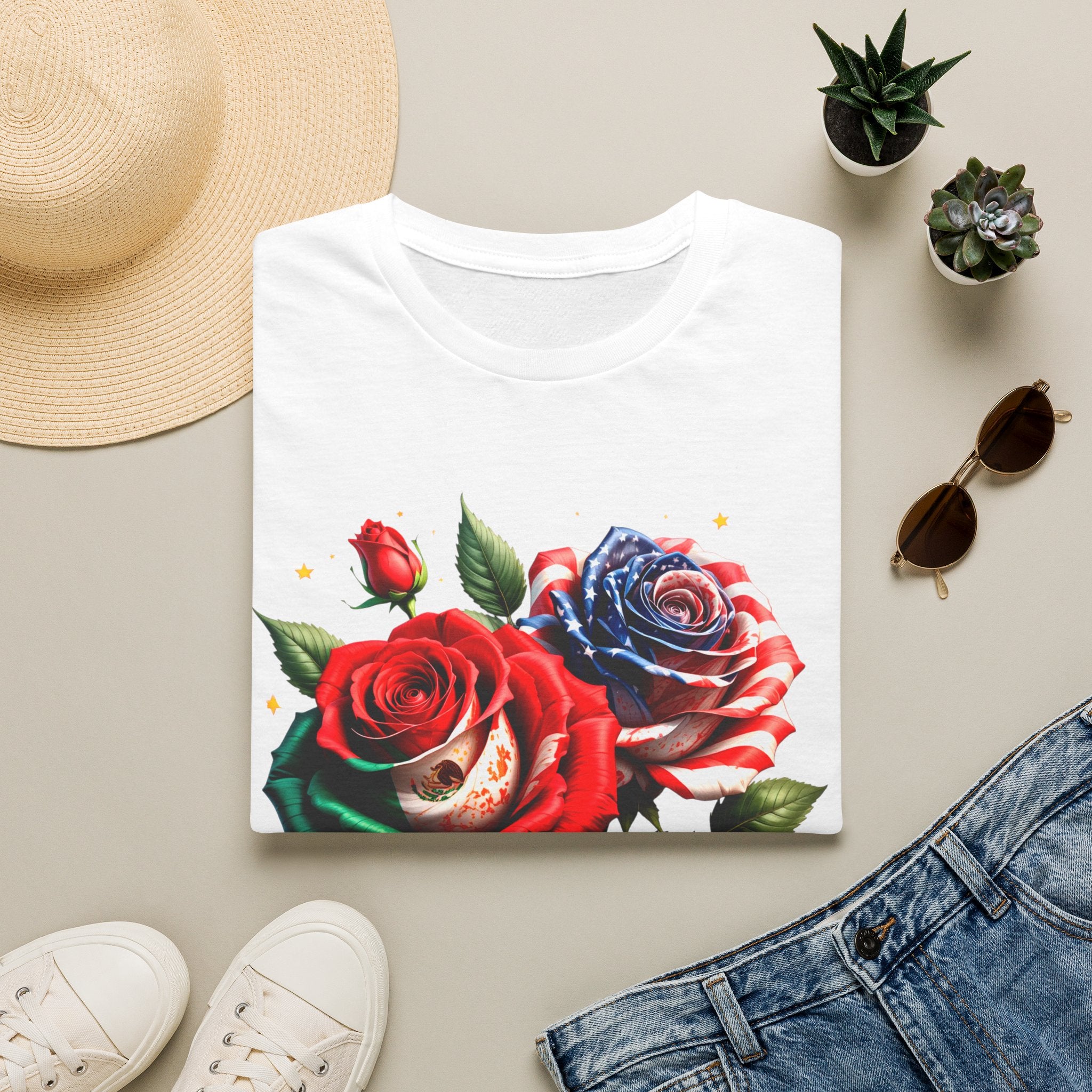 Patriotic Rose Skull T-Shirt — American Flag Blue & Red Floral Tee