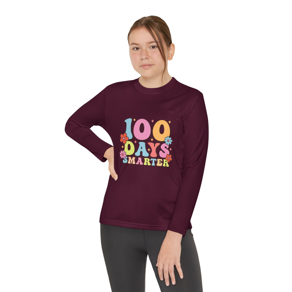 100 Days Smarter Youth Long Sleeve Tee — Retro Floral School Celebration Shirt