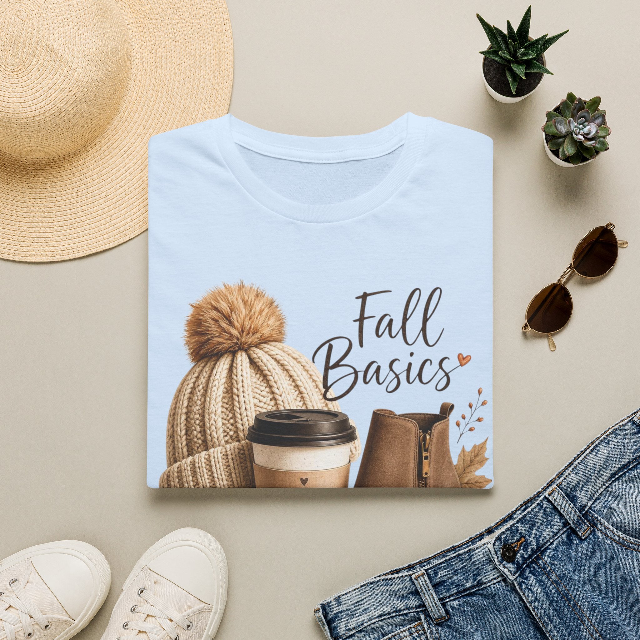 Fall Basics T-Shirt — Cozy Autumn Beanie, Coffee & Boots Tee