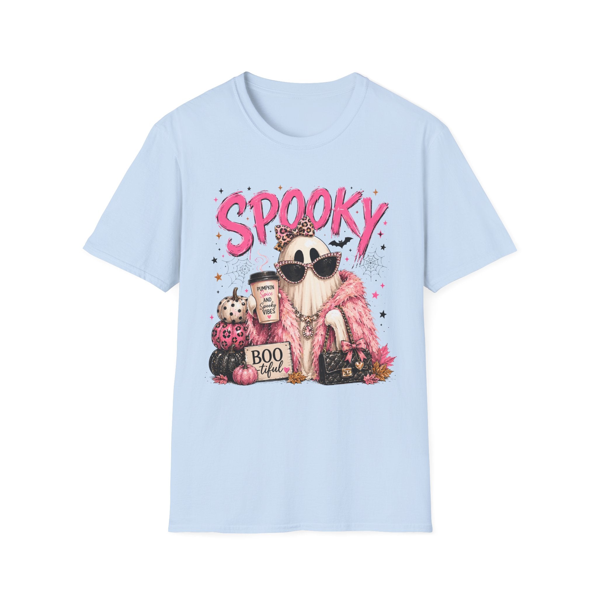 Spooky Glam T-Shirt — Cute Pink Ghost with Sunglasses & Pumpkin Latte