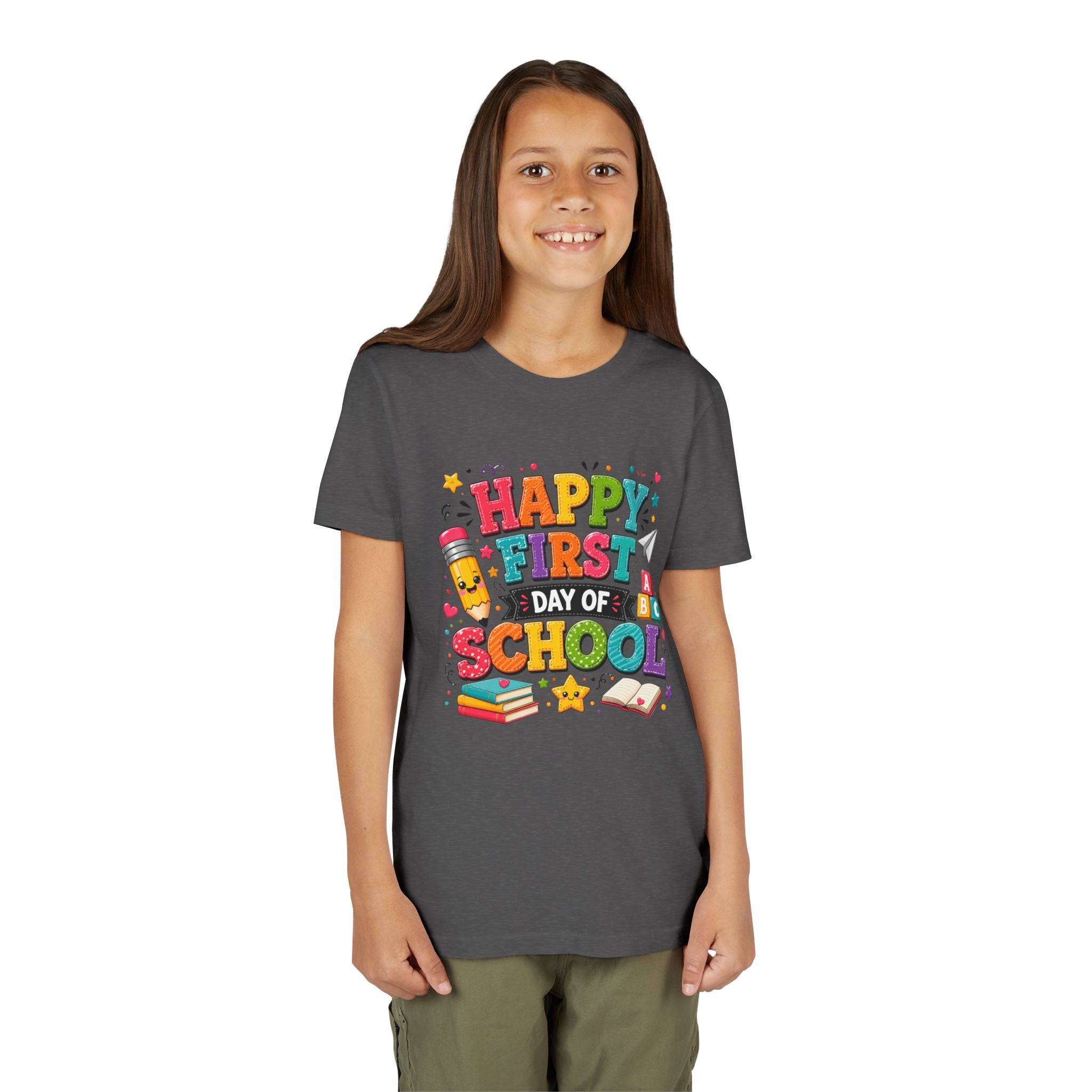 Youth Tee — "Happy First Day of School" Back-to-School Graphic Shirt