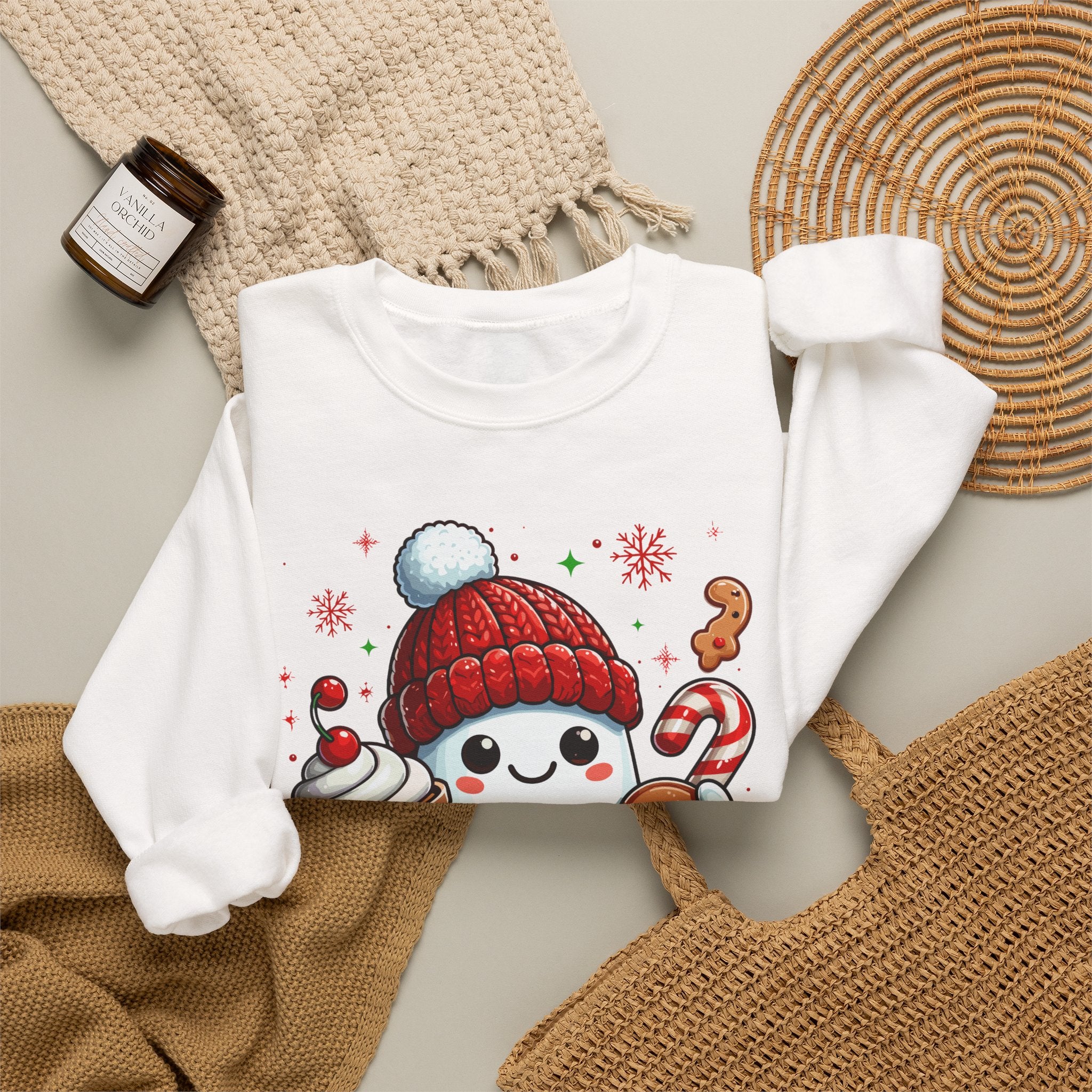 Holiday Marshmallow Character Sweatshirt — Cute Snowman with Gingerbread & Hot Cocoa