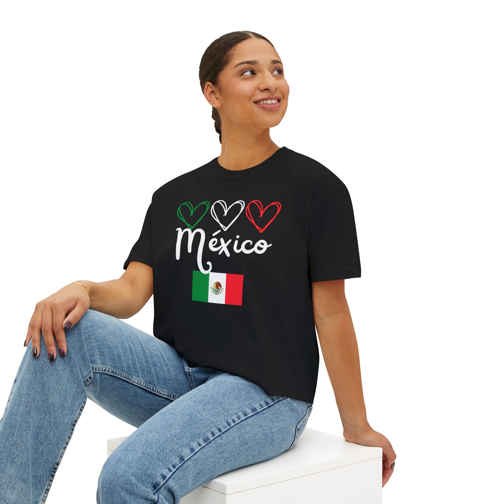 Mexico Flag Boxy Tee — Hearts & 'México' Women's Crop T-Shirt