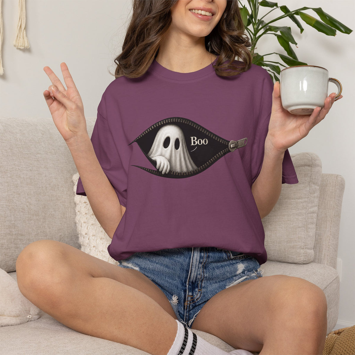 Ghost Peek T-Shirt — "Boo" Zipper Graphic Halloween Tee