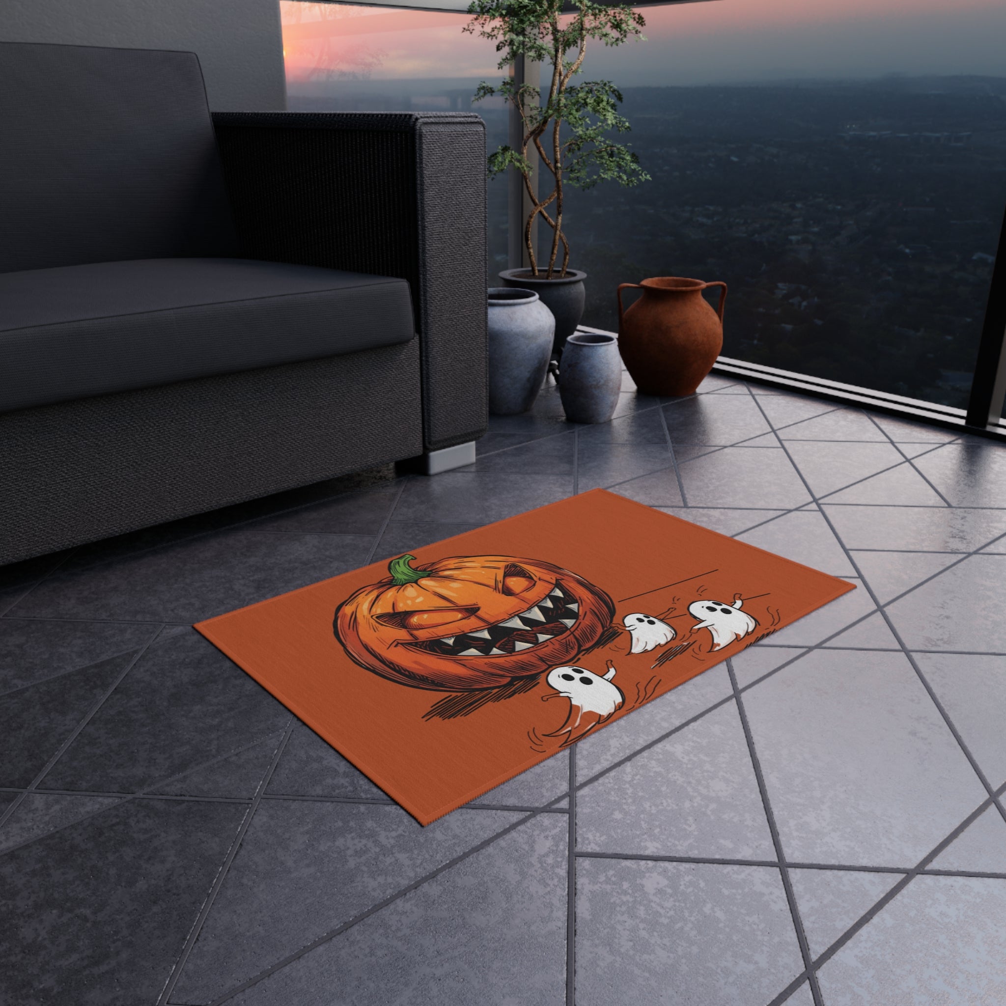 Halloween Pumpkin Outdoor Rug — Jack-o'-Lantern with Ghosts Doormat