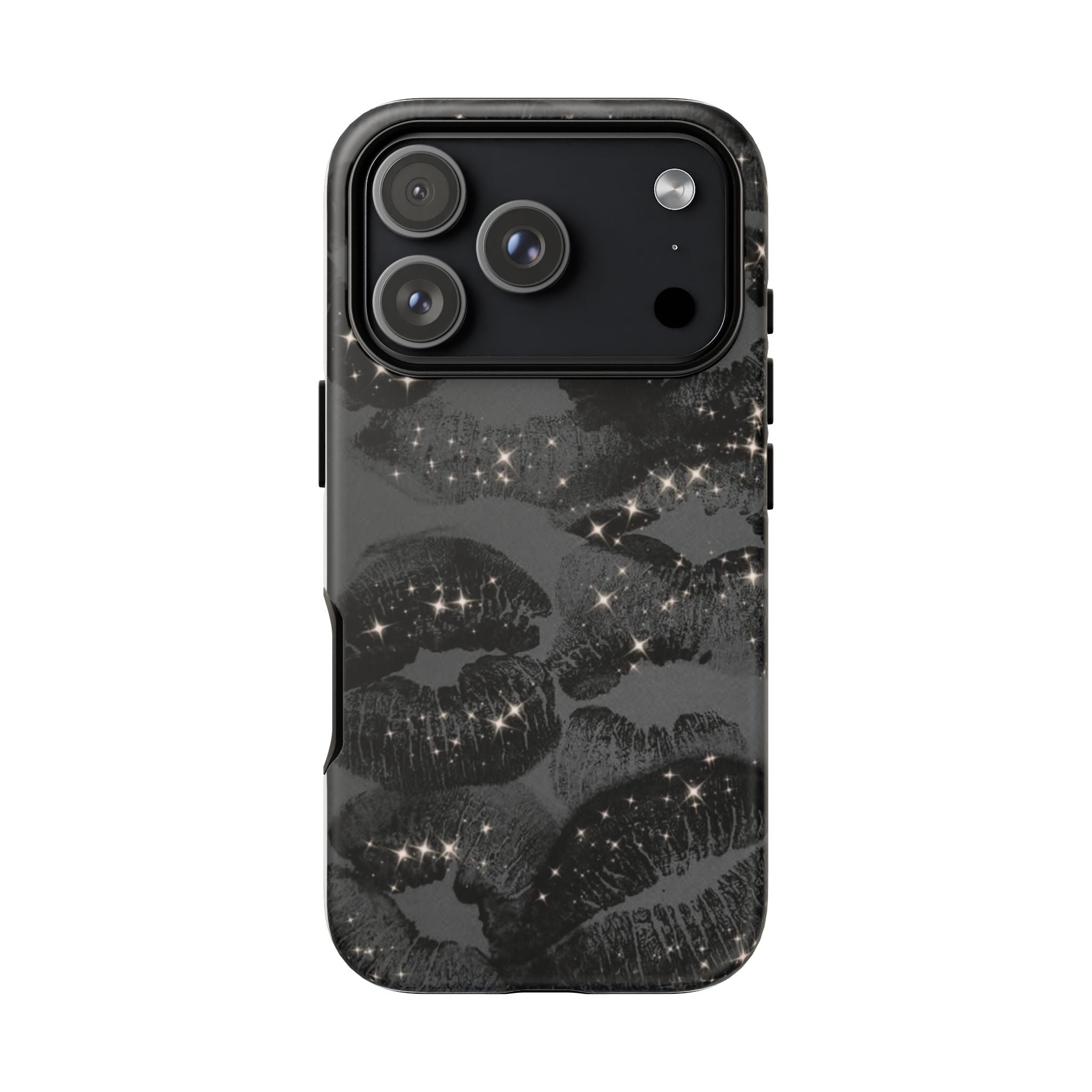Black Glitter Kiss Phone Case — Sparkling Lip Print Protective Cover