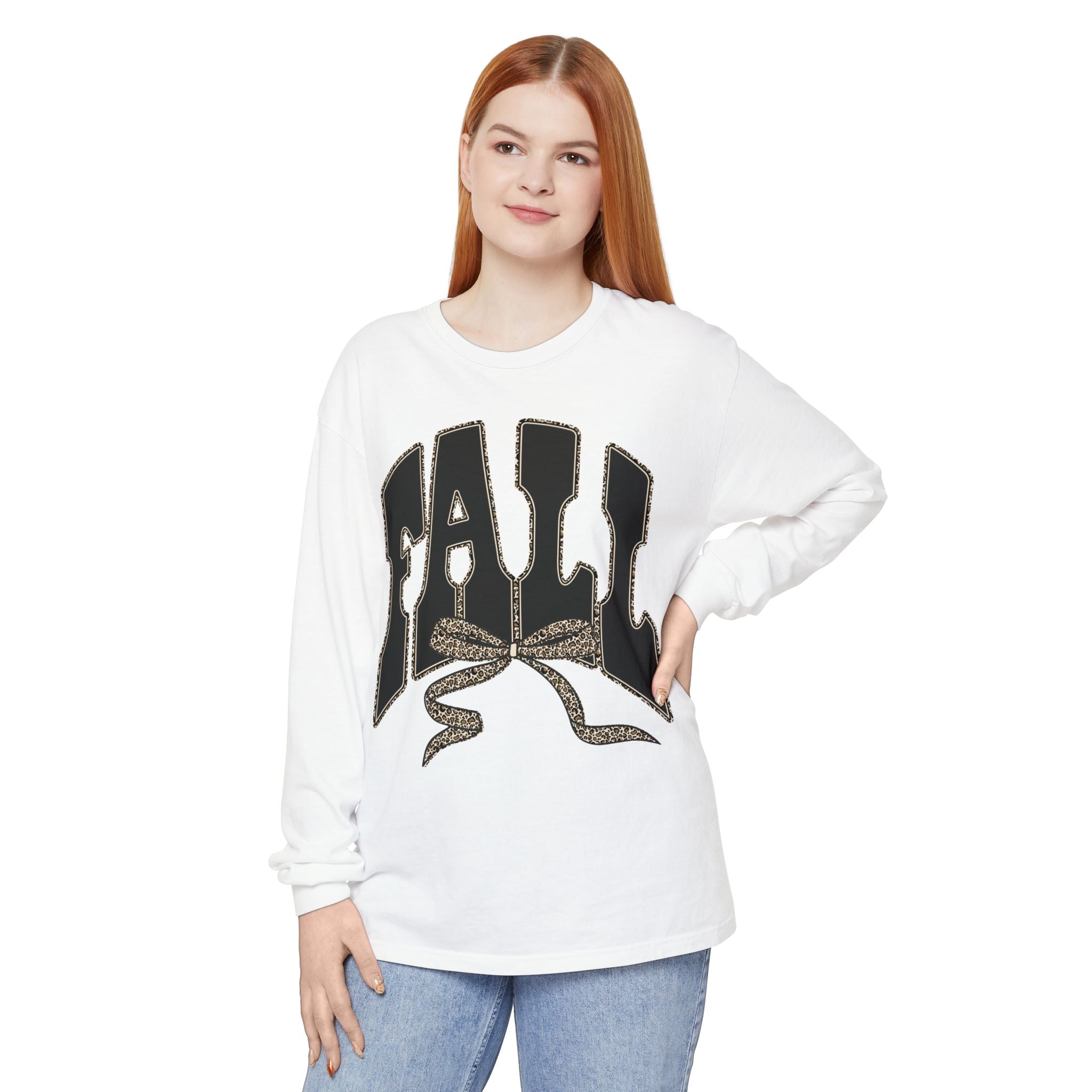 Fall Bow Long Sleeve Tee — 'FALL' Graphic Garment-Dyed Shirt