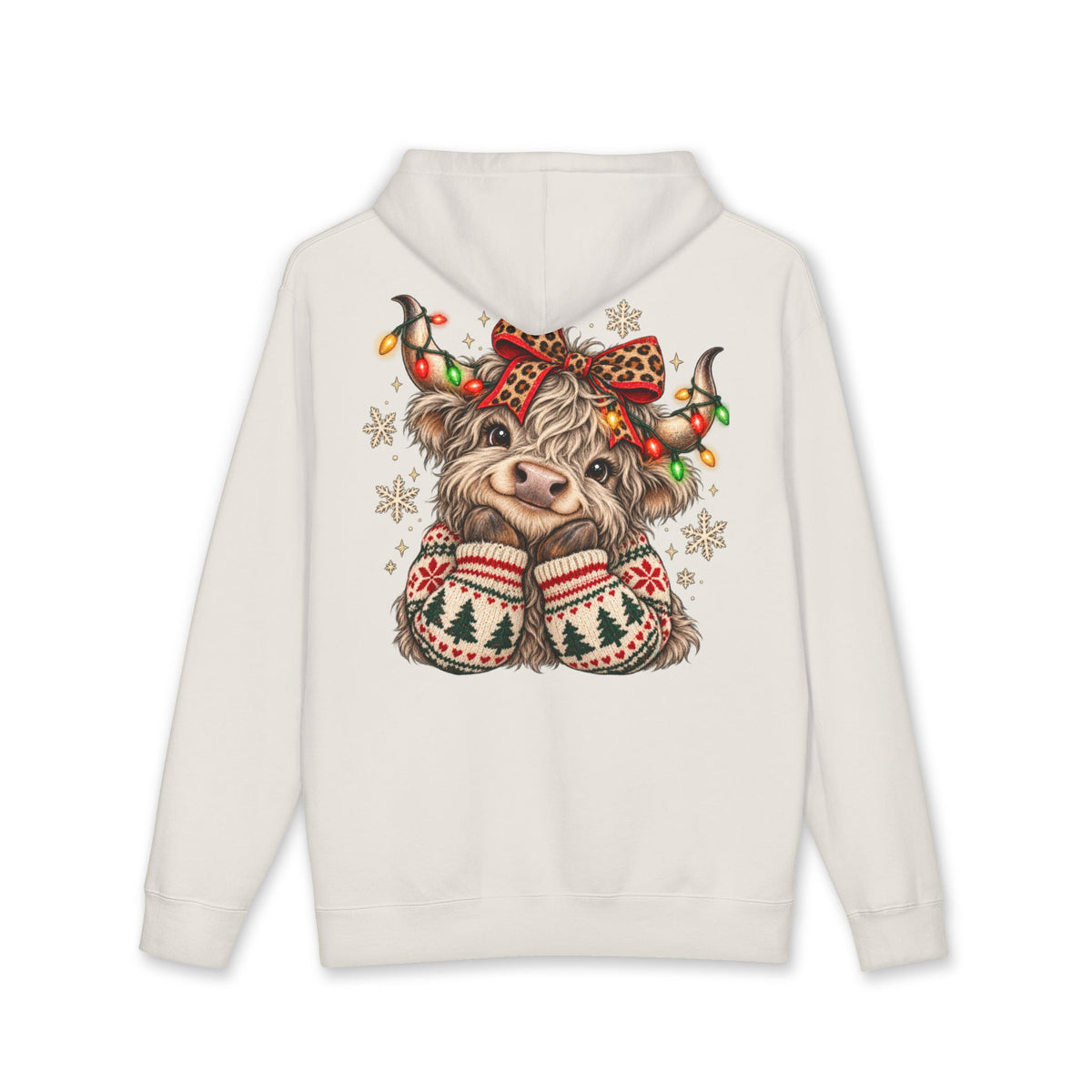 Christmas Cow Hoodie – Cute Highland Cow with Festive Lights & 'Merry Dolly Christmas' Design