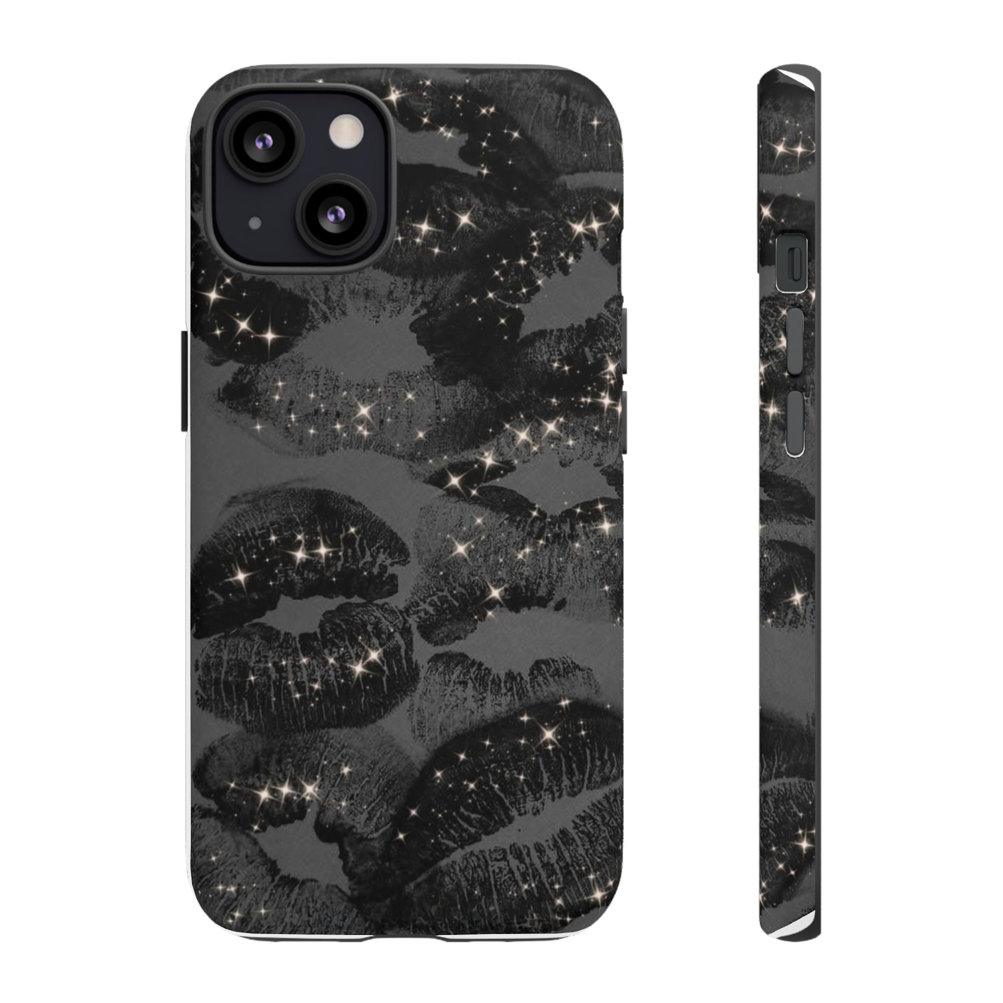 Black Glitter Kiss Phone Case — Sparkling Lip Print Protective Cover