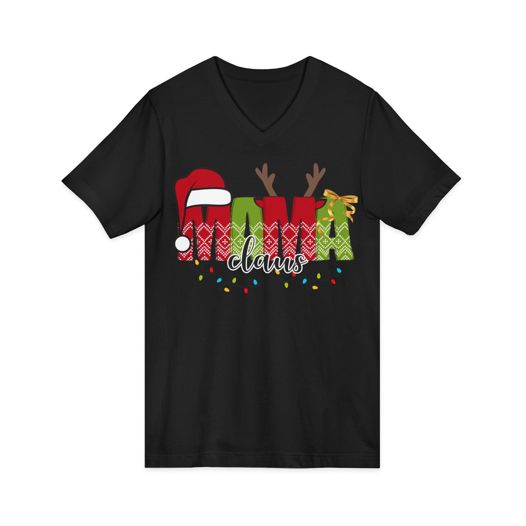 Mom Claus V-Neck Tee — Christmas Holiday Family Graphic Shirt