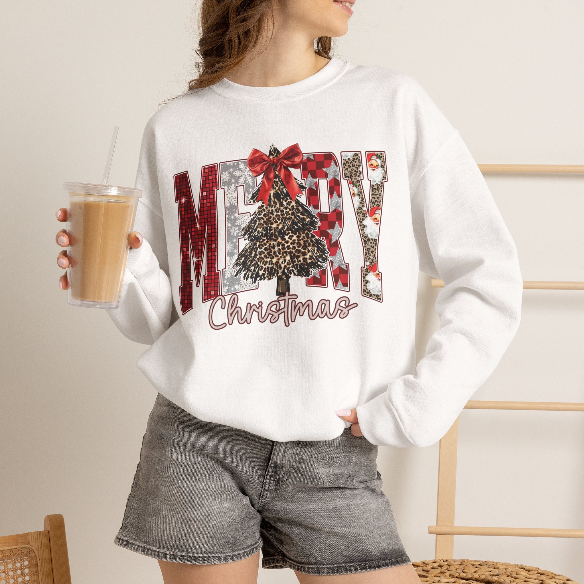 Merry Christmas Crewneck Sweatshirt — Festive Tree & Bow Holiday Sweatshirt