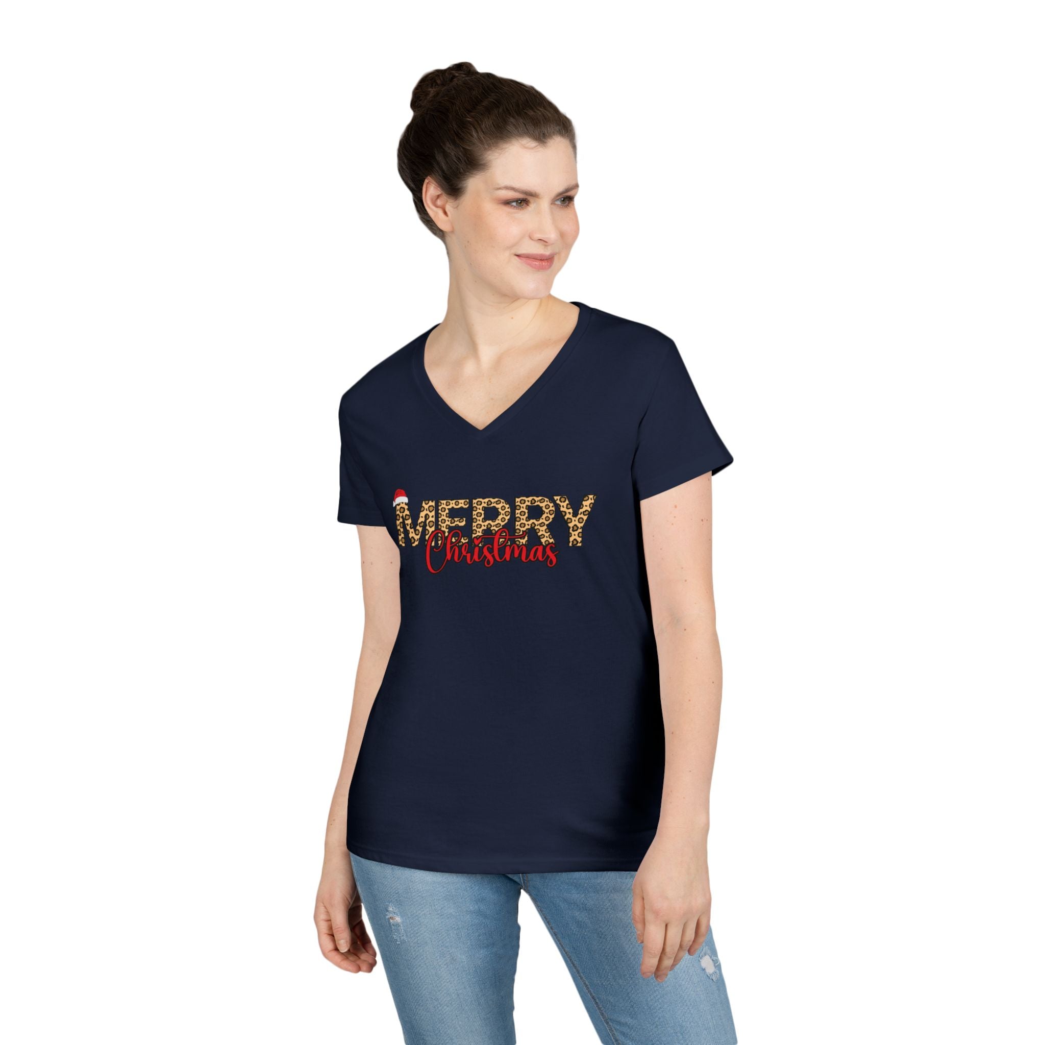 Merry Christmas Leopard Print V-Neck Tee