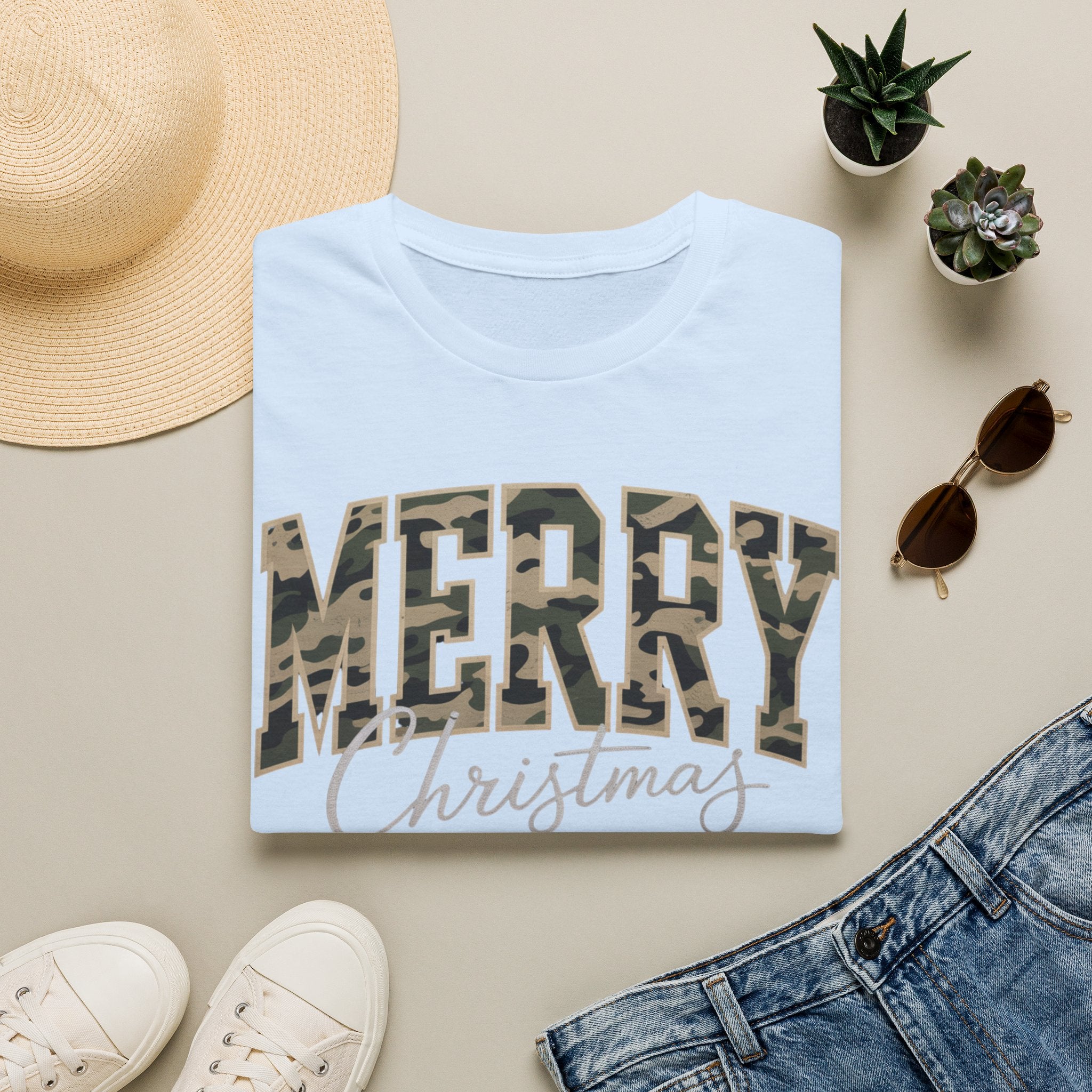 Merry Christmas Camo Tee — Women's Holiday Graphic T-Shirt