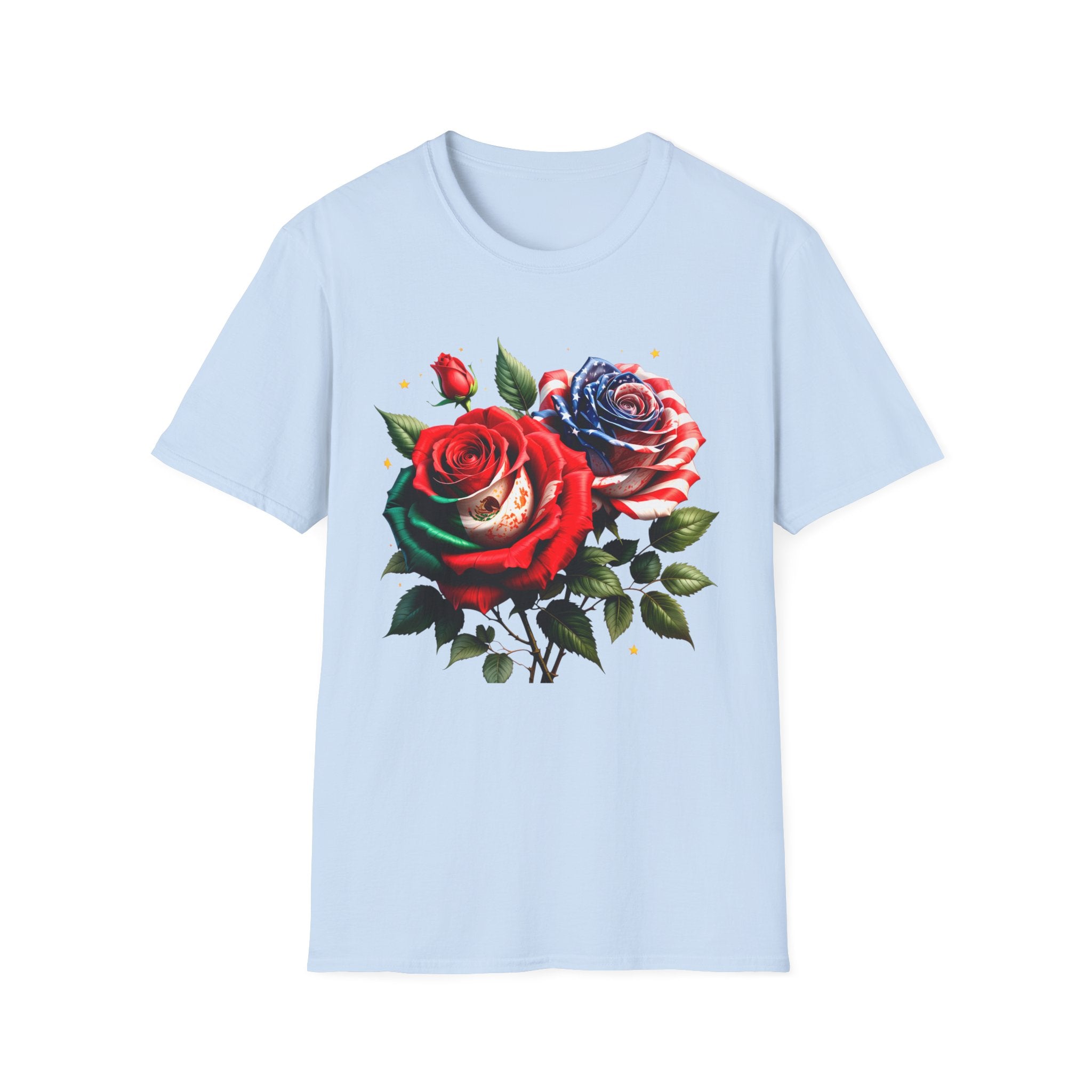Patriotic Rose Skull T-Shirt — American Flag Blue & Red Floral Tee