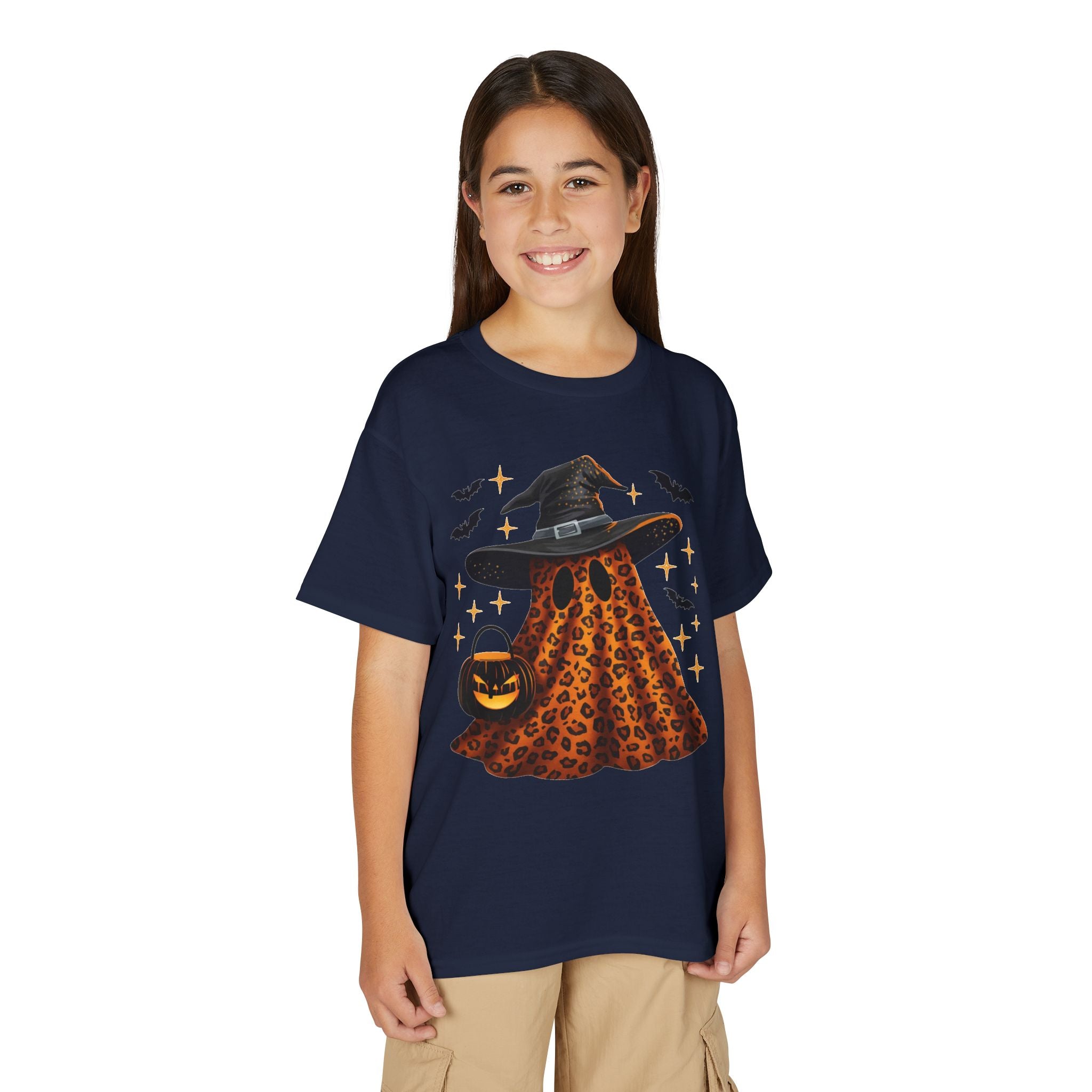 Youth T-Shirt — Leopard Witch Ghost Halloween Tee (Pumpkin Candy Bag, Bats)