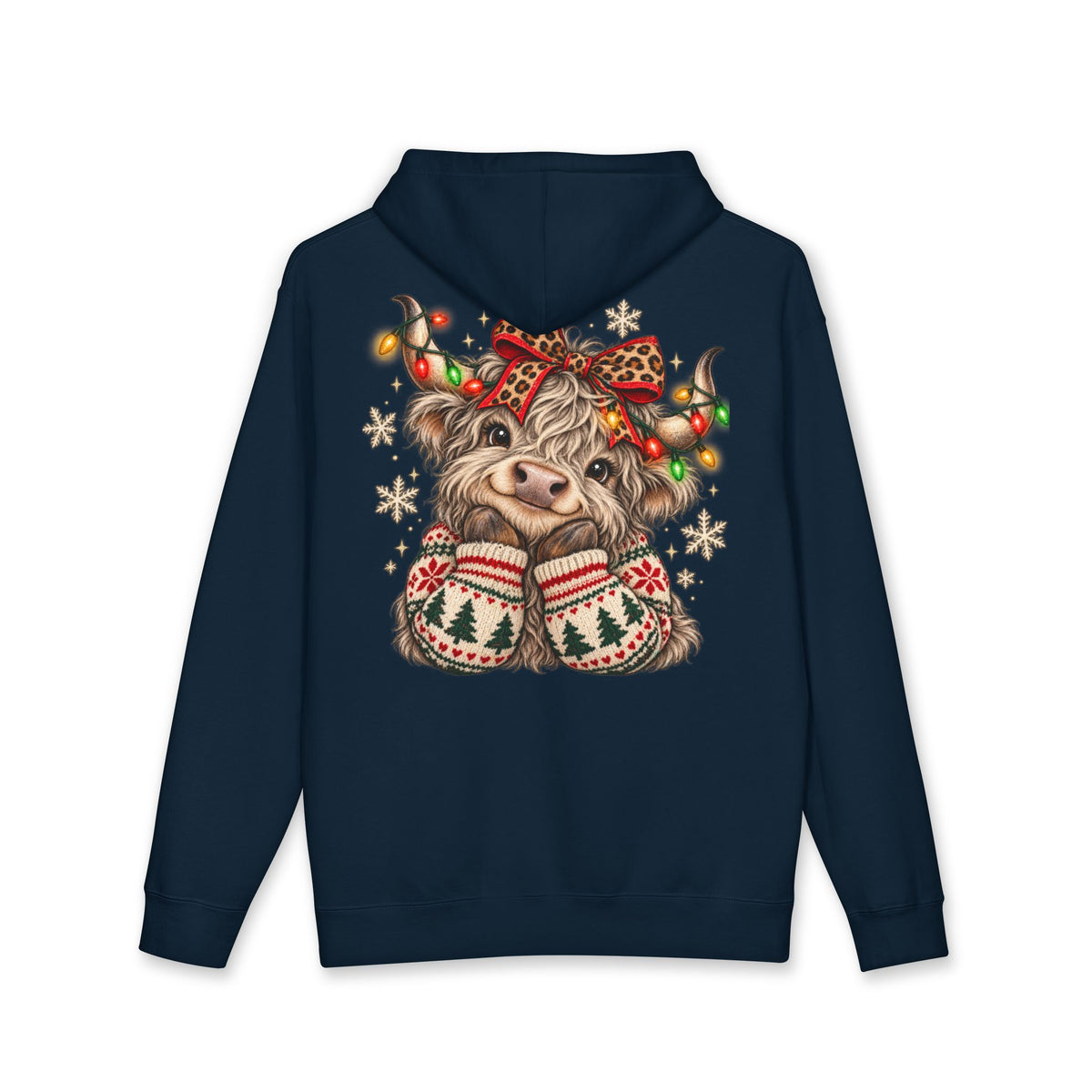 Christmas Cow Hoodie – Cute Highland Cow with Festive Lights & 'Merry Dolly Christmas' Design