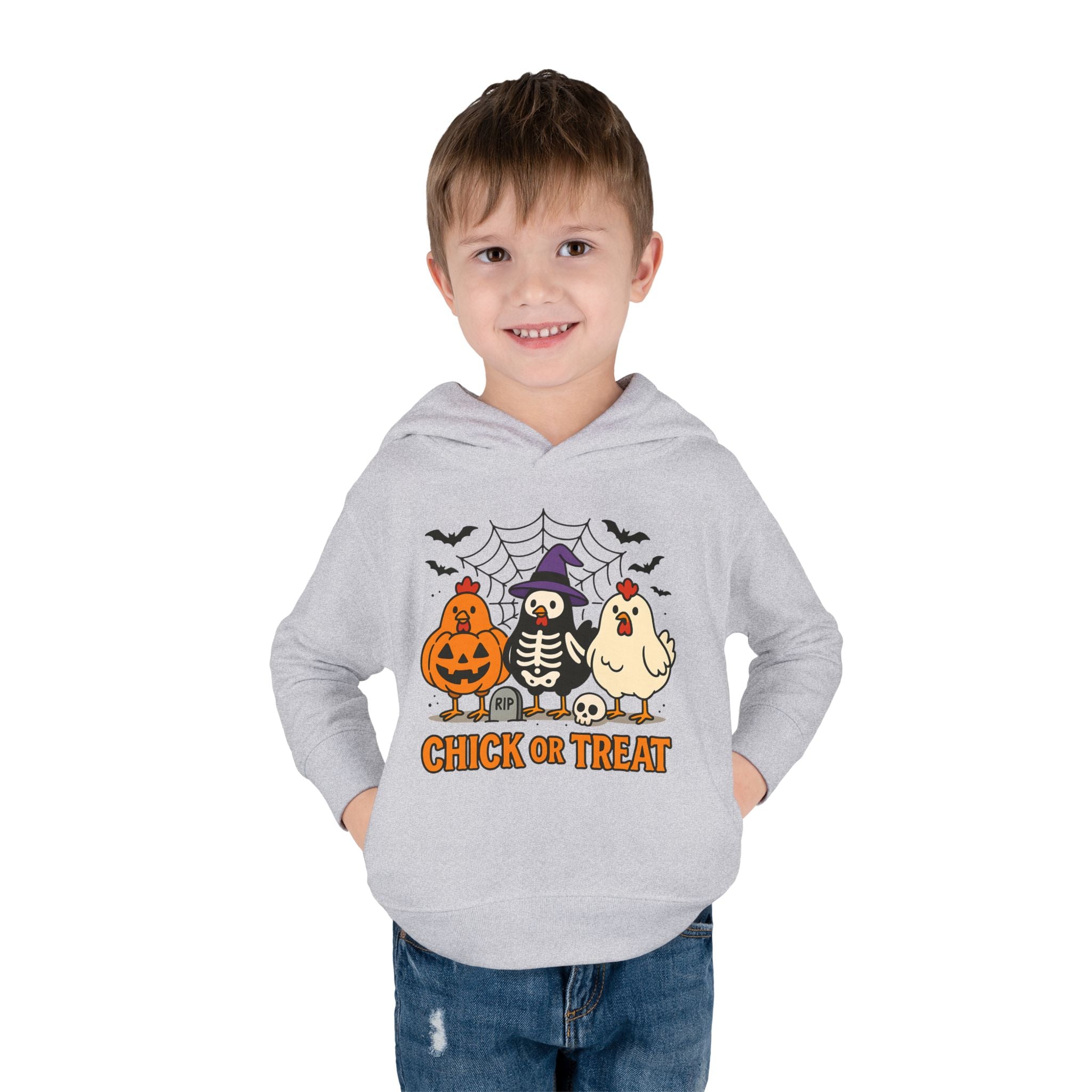 Toddler Halloween Pullover Hoodie – "Chick or Treat" Pumpkin Skeleton Chicken Kids Fleece